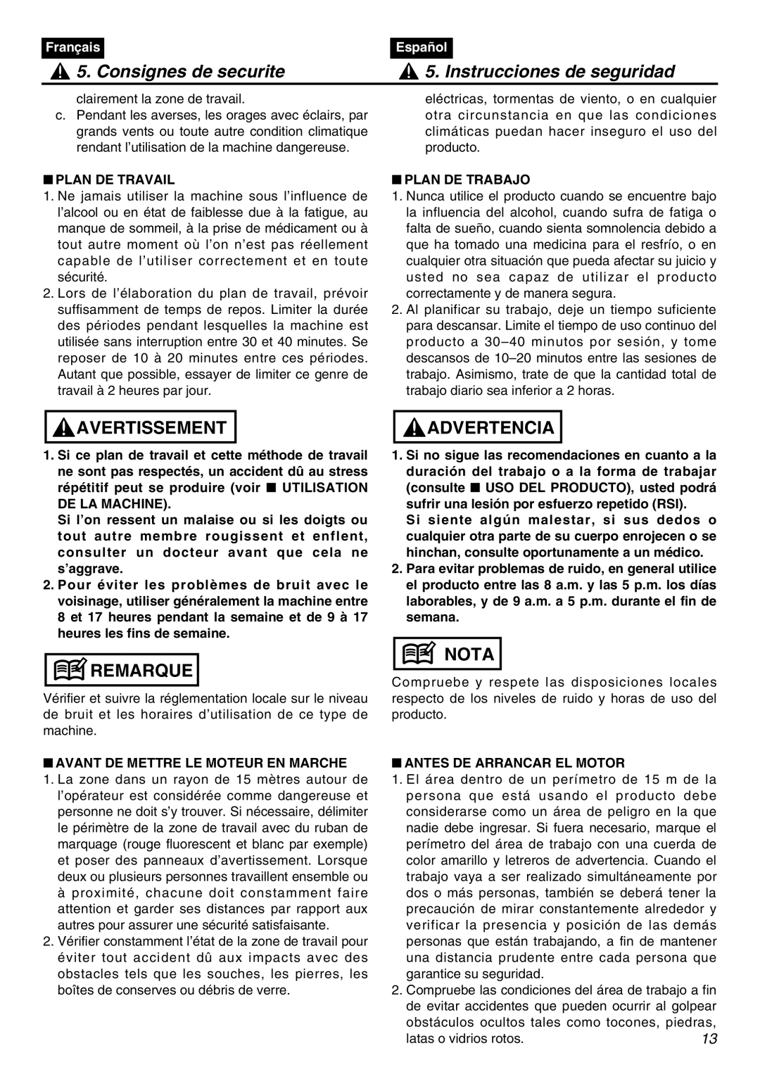 RedMax BCZ3001S-CA, BCZ3001SW-CA manual Plan DE Travail, Plan DE Trabajo, DE LA Machine, Avant DE Mettre LE Moteur EN Marche 