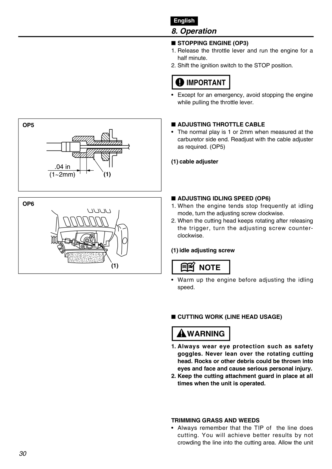 RedMax BCZ3001SW-CA, BCZ3001S-CA OP5, OP6 Stopping Engine OP3, Adjusting Throttle Cable, Adjusting Idling Speed OP6 