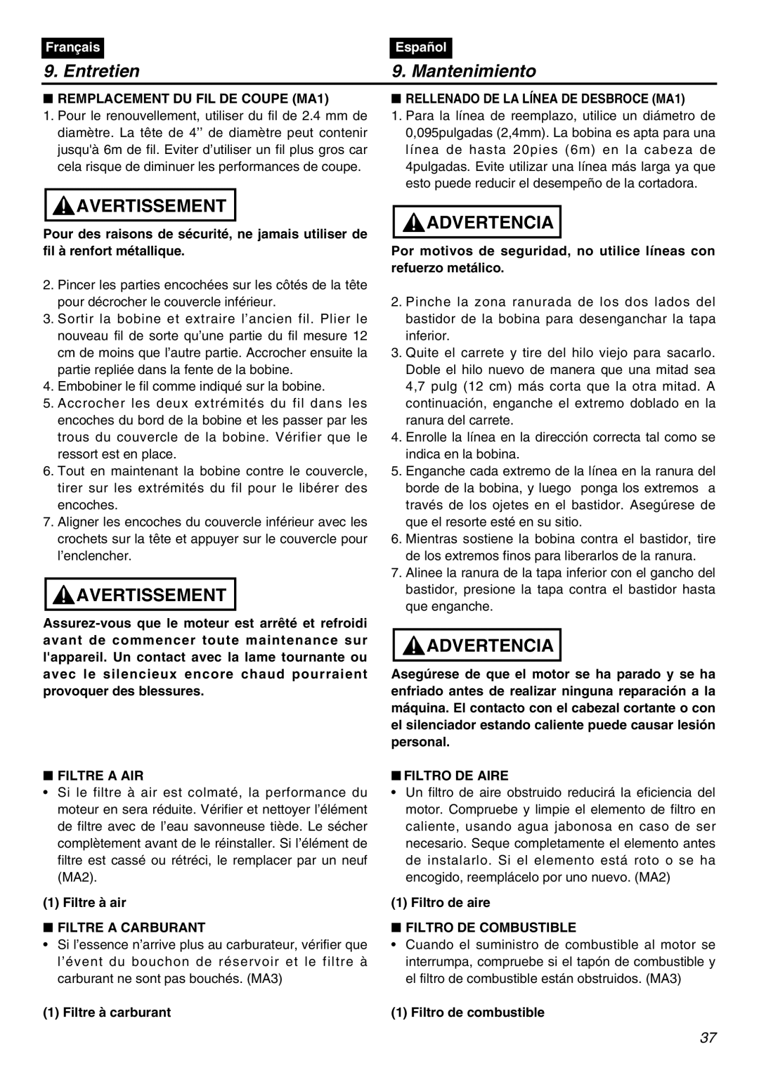 RedMax BCZ3001S-CA manual Entretien Mantenimiento, Filtre a AIR, Filtre a Carburant, Filtro DE Aire, Filtro DE Combustible 