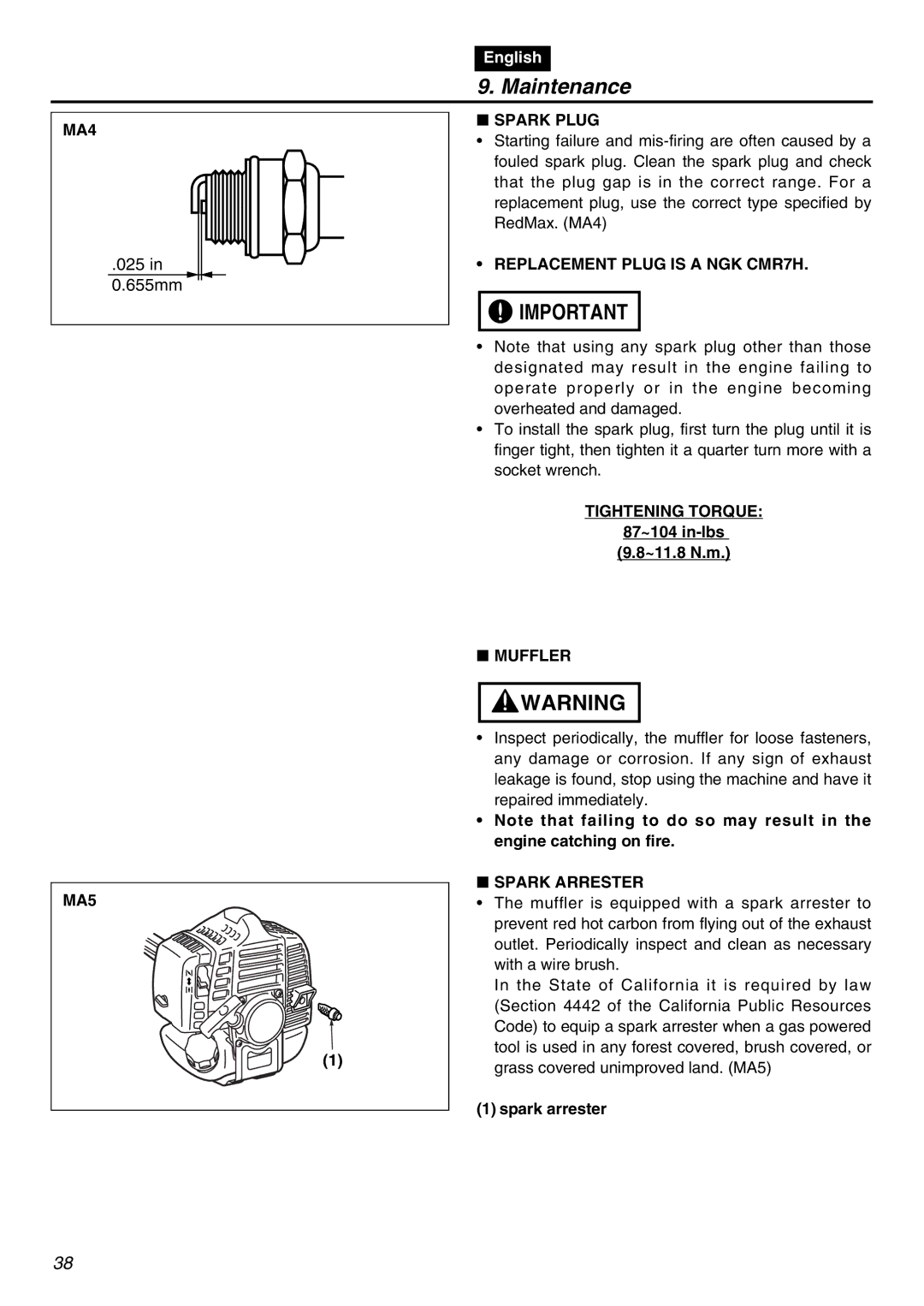 RedMax BCZ3001S manual MA4, Spark Plug, Replacement Plug is a NGK CMR7H, Tightening Torque, Muffler MA5, Spark Arrester 