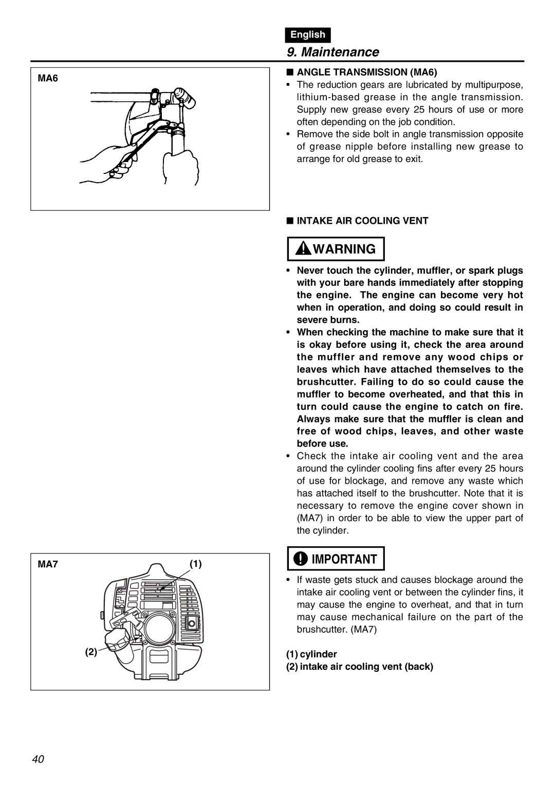 RedMax BCZ3001SW-CA manual Angle Transmission MA6, Intake AIR Cooling Vent, MA7, Cylinder Intake air cooling vent back 