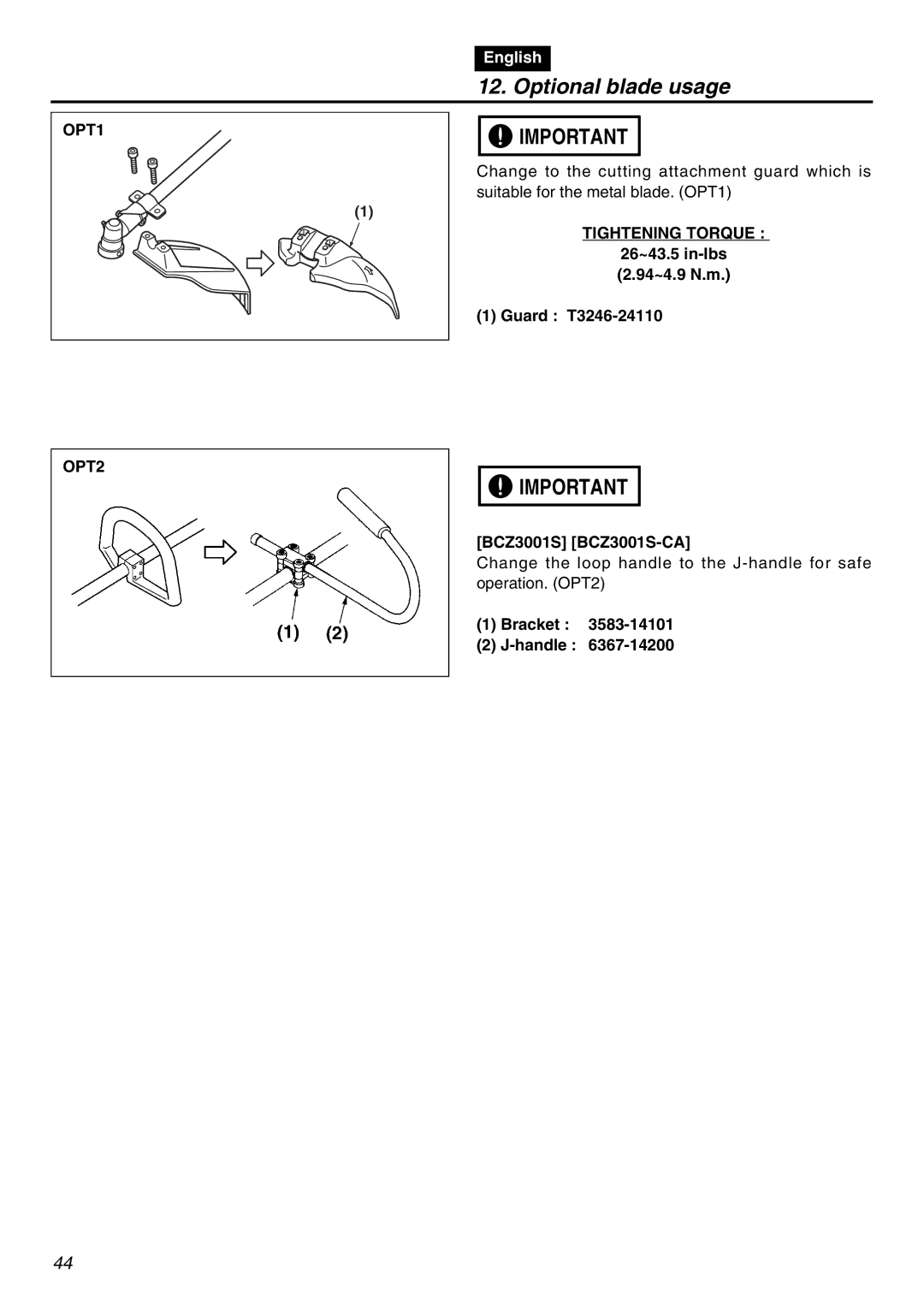 RedMax BCZ3001SW-CA, BCZ3001S-CA manual Optional blade usage, OPT1 OPT2, Bracket Handle 