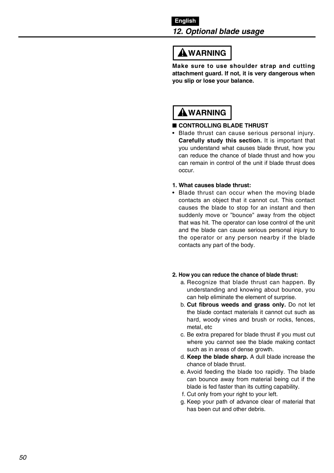 RedMax BCZ3001S manual Controlling Blade Thrust, What causes blade thrust, How you can reduce the chance of blade thrust 