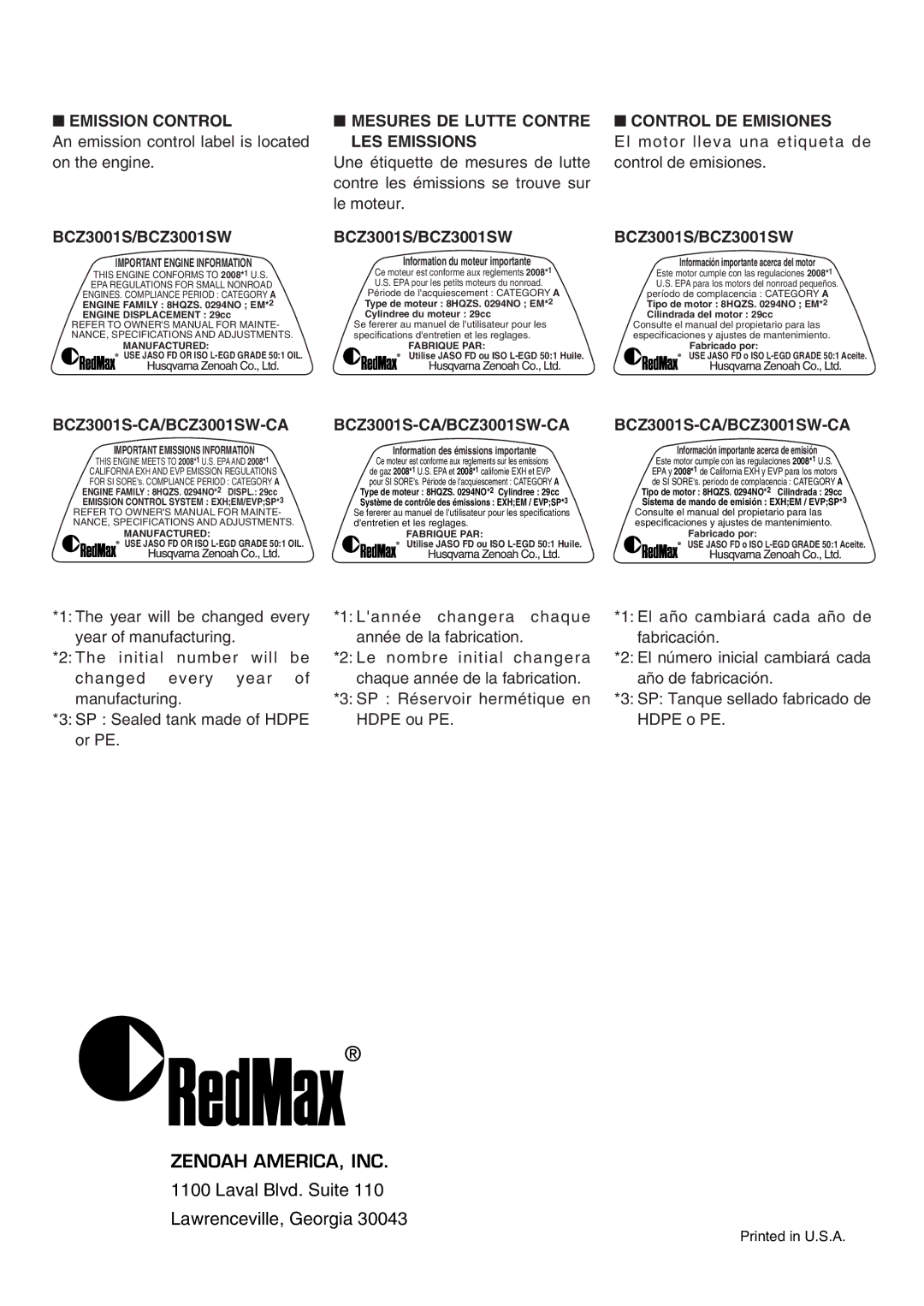 RedMax BCZ3001SW-CA Emission Control, BCZ3001S/BCZ3001SW, Mesures DE Lutte Contre LES Emissions, Control DE Emisiones 