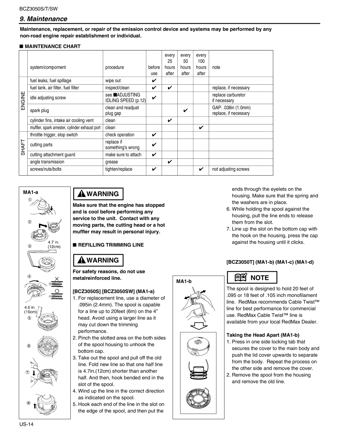 RedMax BCZ3050T, BCZ3050SW manual Maintenance Chart, Refilling Trimming Line 