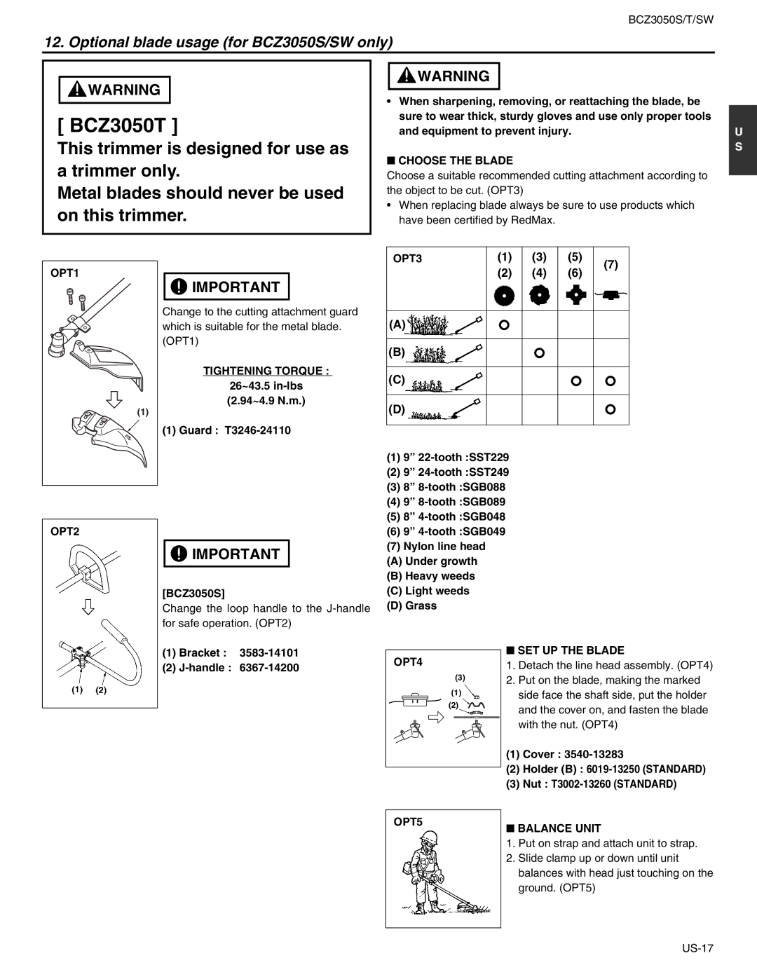 RedMax BCZ3050T, BCZ3050SW manual Optional blade usage for BCZ3050S/SW only 