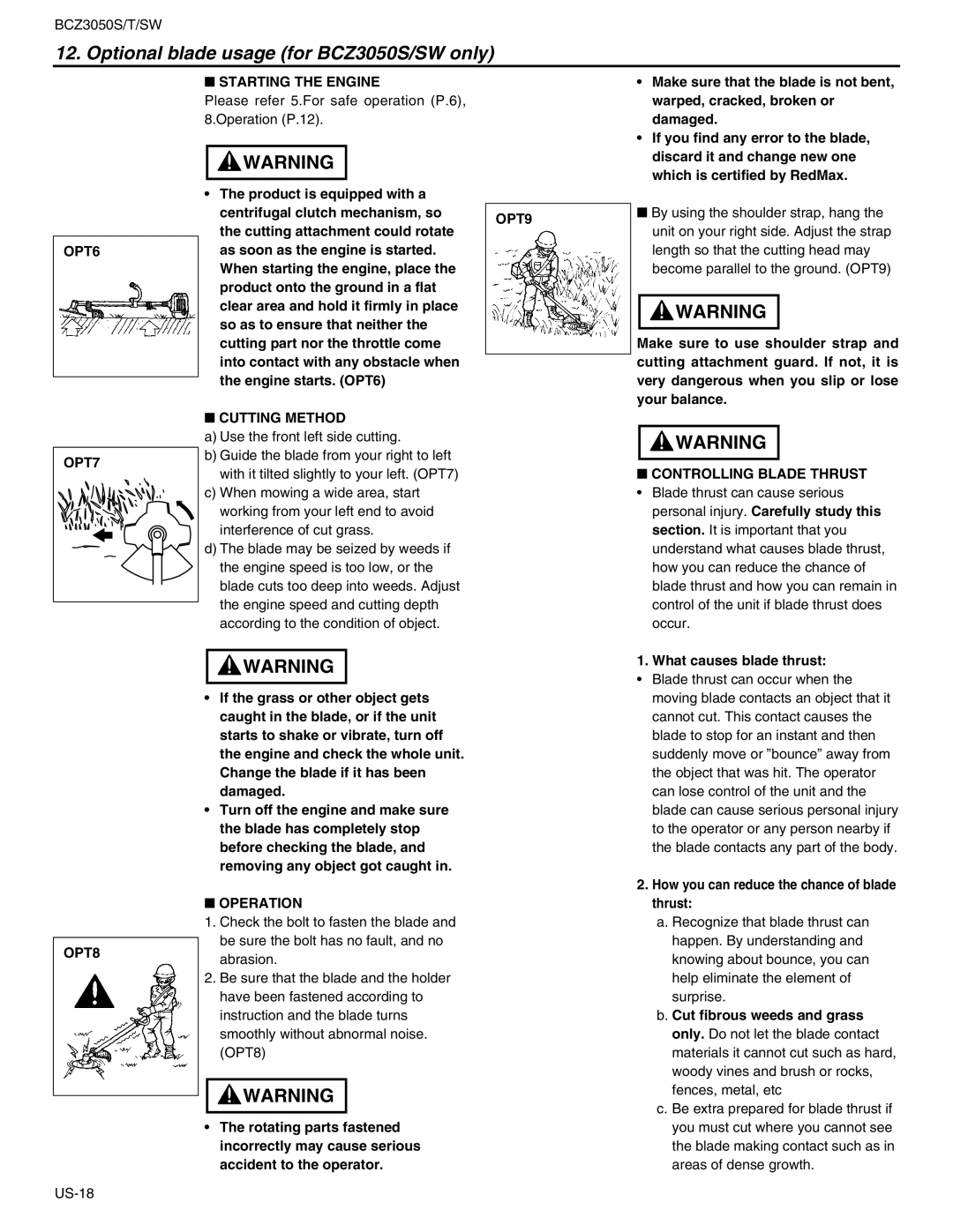 RedMax BCZ3050SW manual OPT6 OPT7 OPT8, Starting the Engine, Cutting Method, Operation, OPT9, Controlling Blade Thrust 