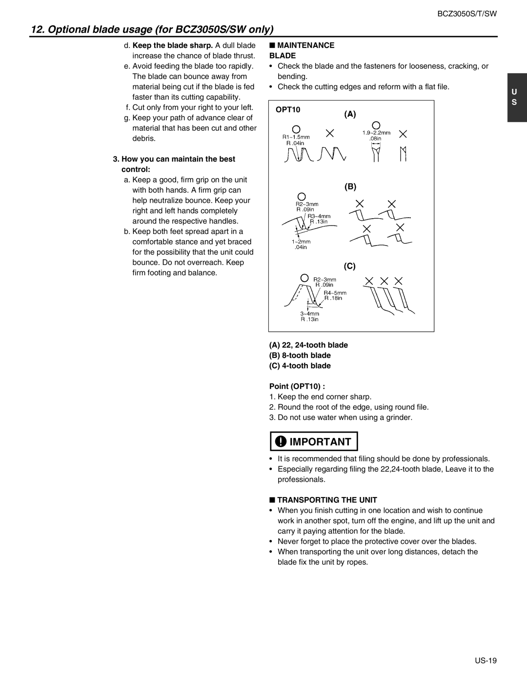RedMax BCZ3050SW, BCZ3050T manual Maintenance Blade, How you can maintain the best control, OPT10, Transporting the Unit 