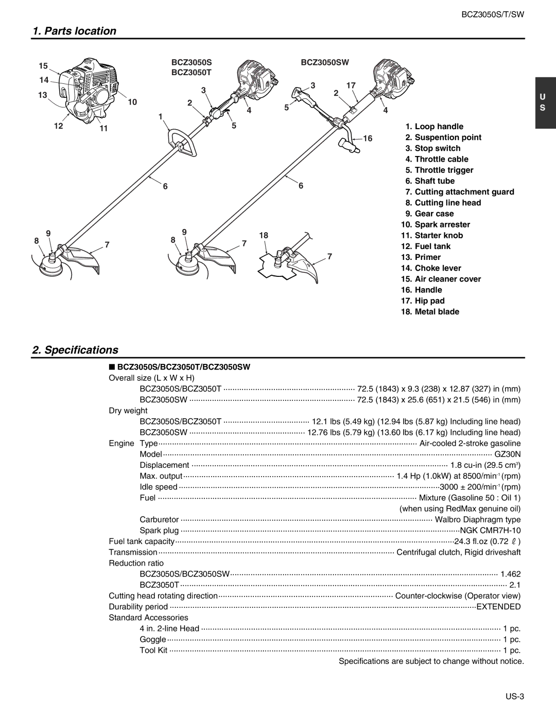 RedMax manual Parts location, Specifications, BCZ3050S/BCZ3050T/BCZ3050SW Overall size L x W x H 