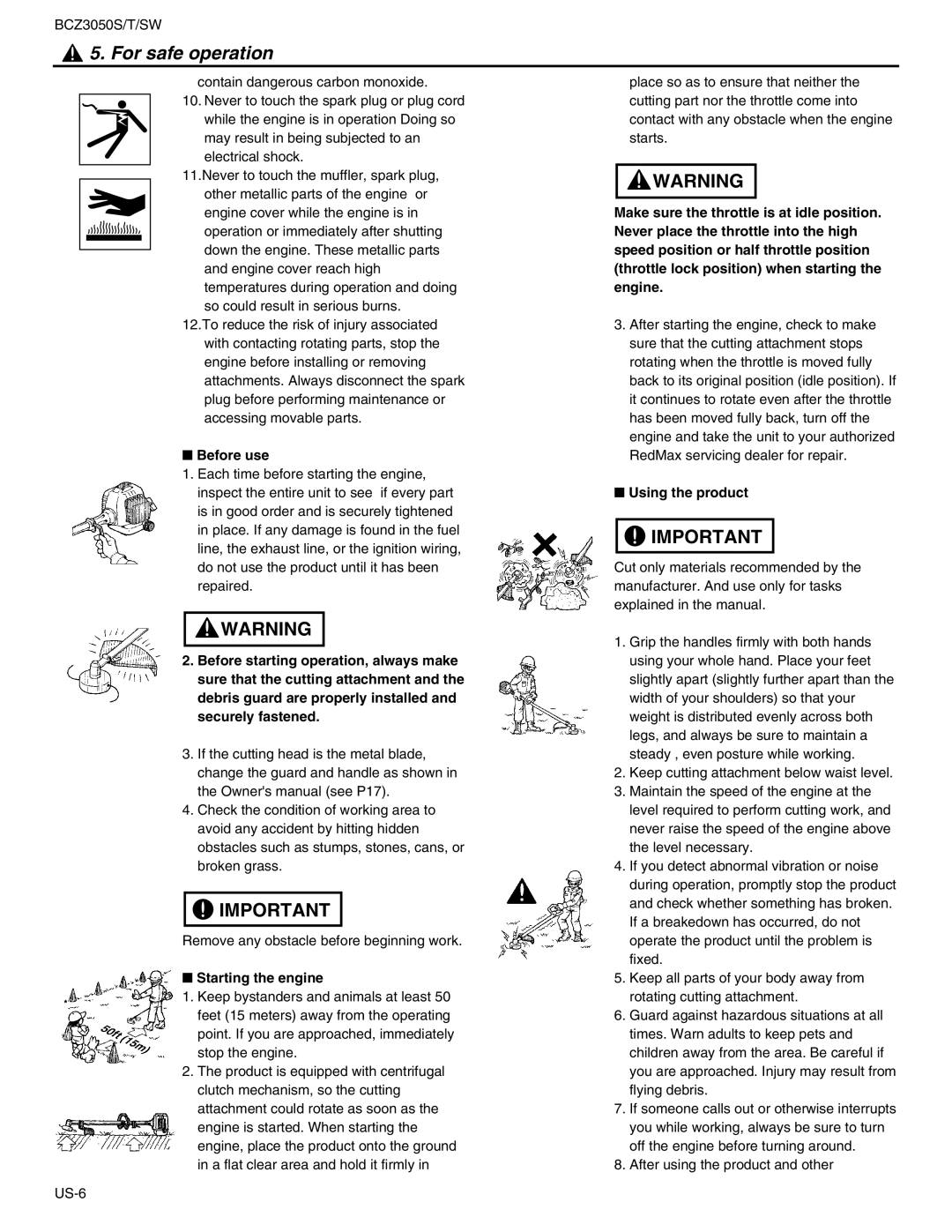 RedMax BCZ3050SW, BCZ3050T manual Before use, Using the product, Starting the engine 