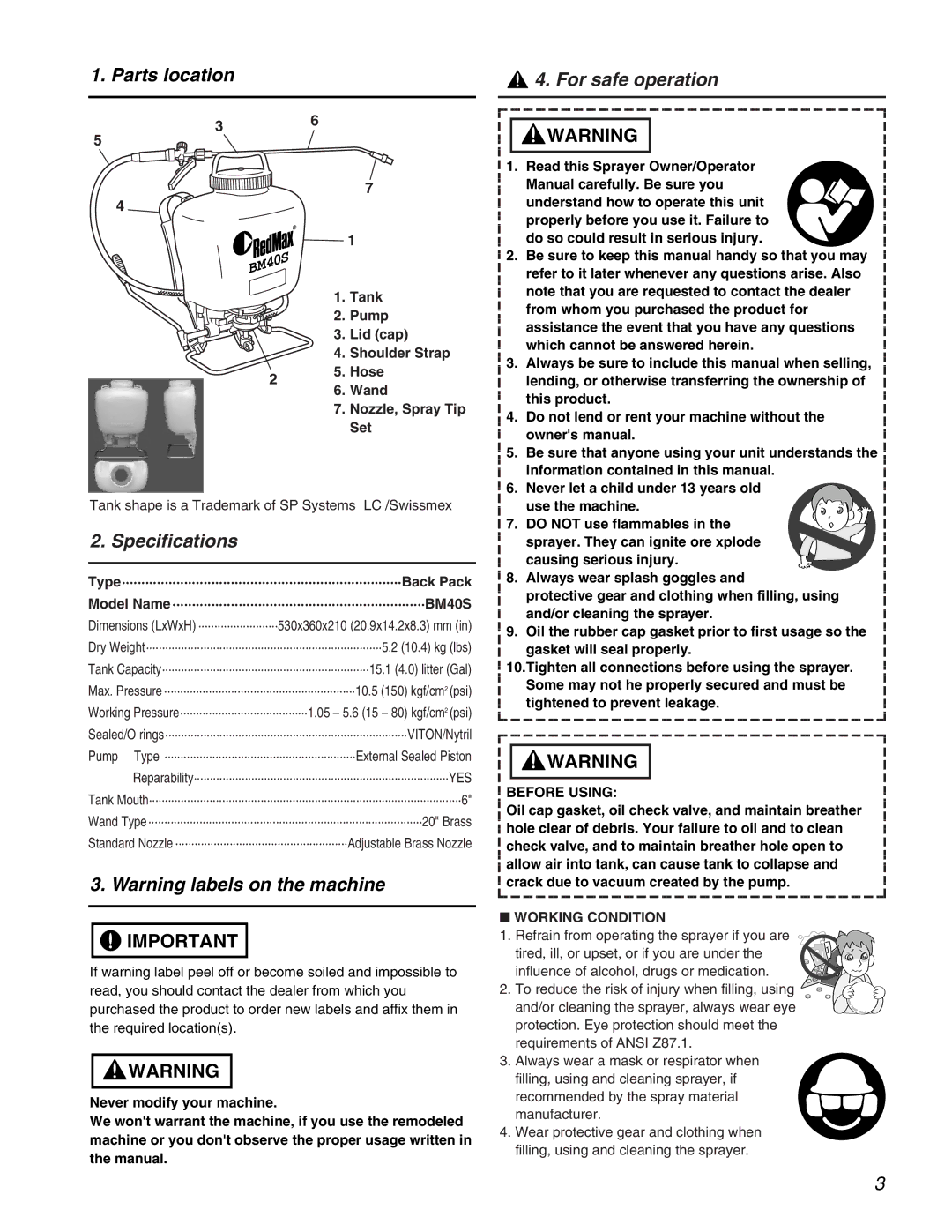 RedMax BM40S manual Parts location, Specifications, For safe operation, Before Using, Working Condition 