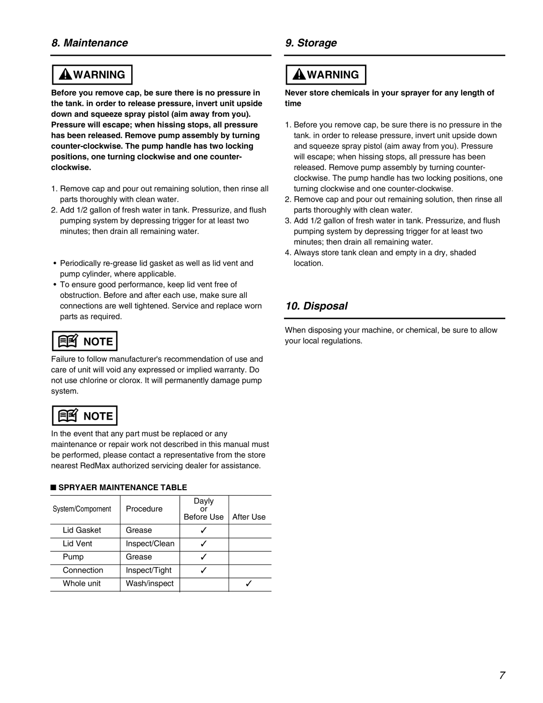 RedMax BM40S manual Storage, Disposal, Spryaer Maintenance Table 
