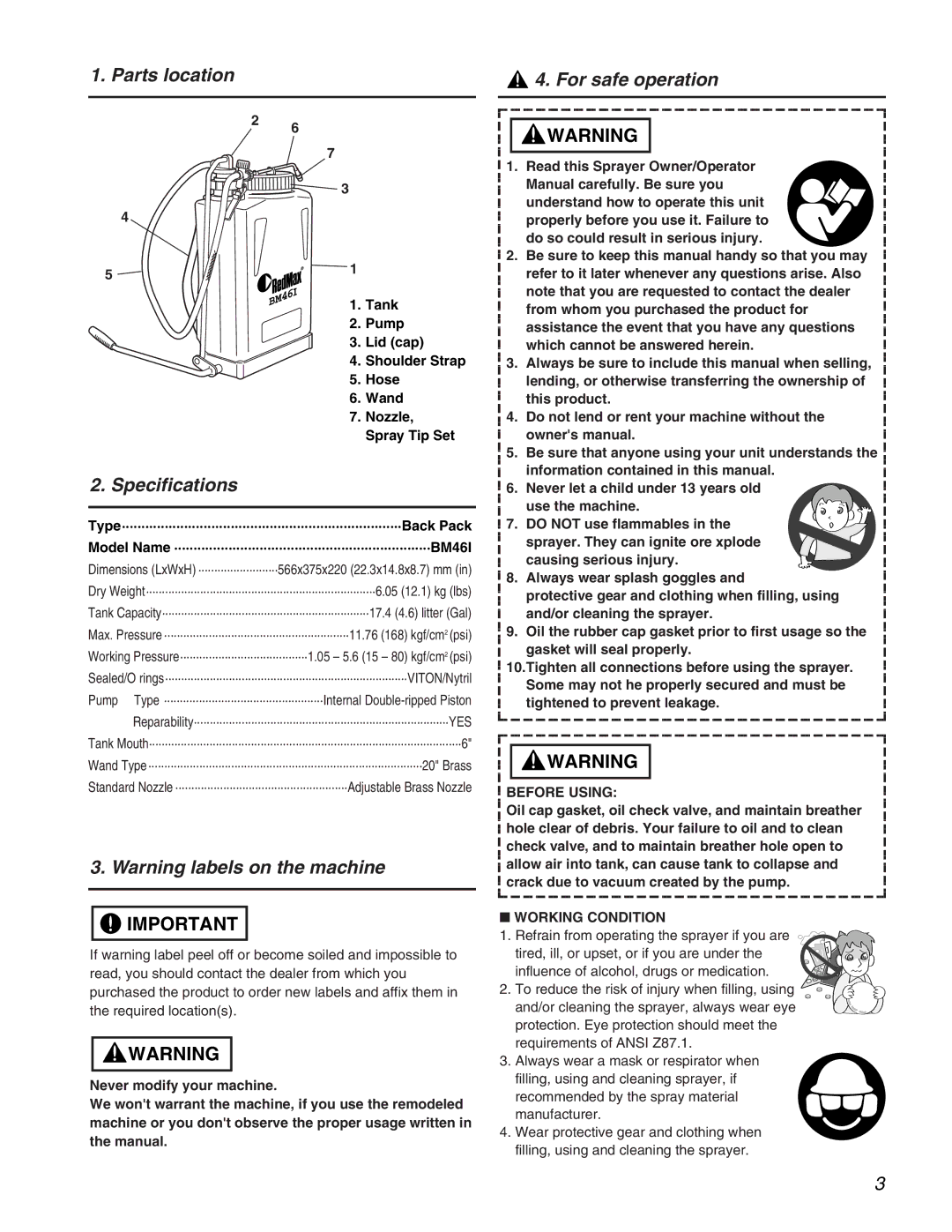 RedMax BM461 manual Parts location, Specifications, For safe operation, Before Using, Working Condition 