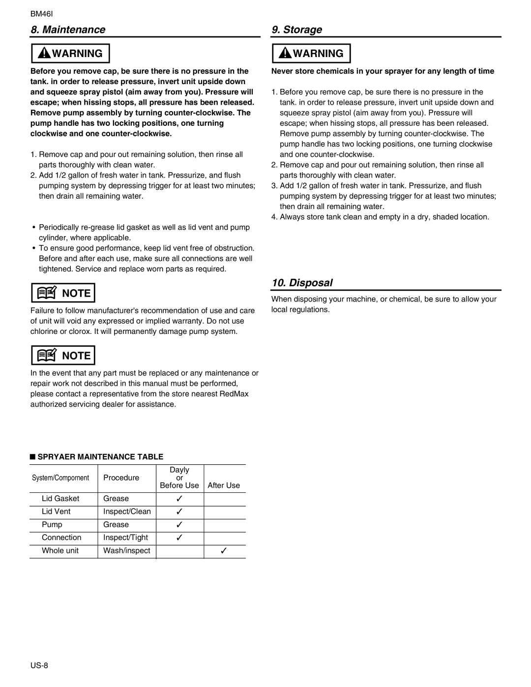 RedMax BM46I manual Storage, Disposal, Spryaer Maintenance Table 