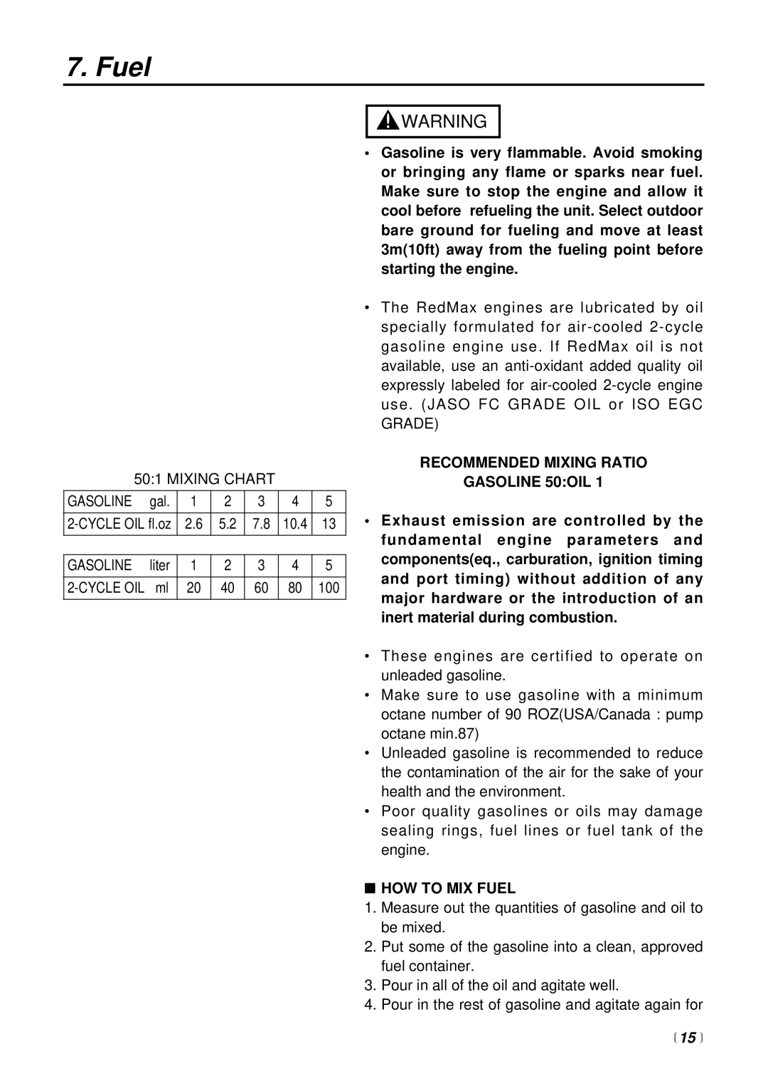 RedMax BT225 manual Recommended Mixing Ratio Gasoline 50OIL, HOW to MIX Fuel,  15  