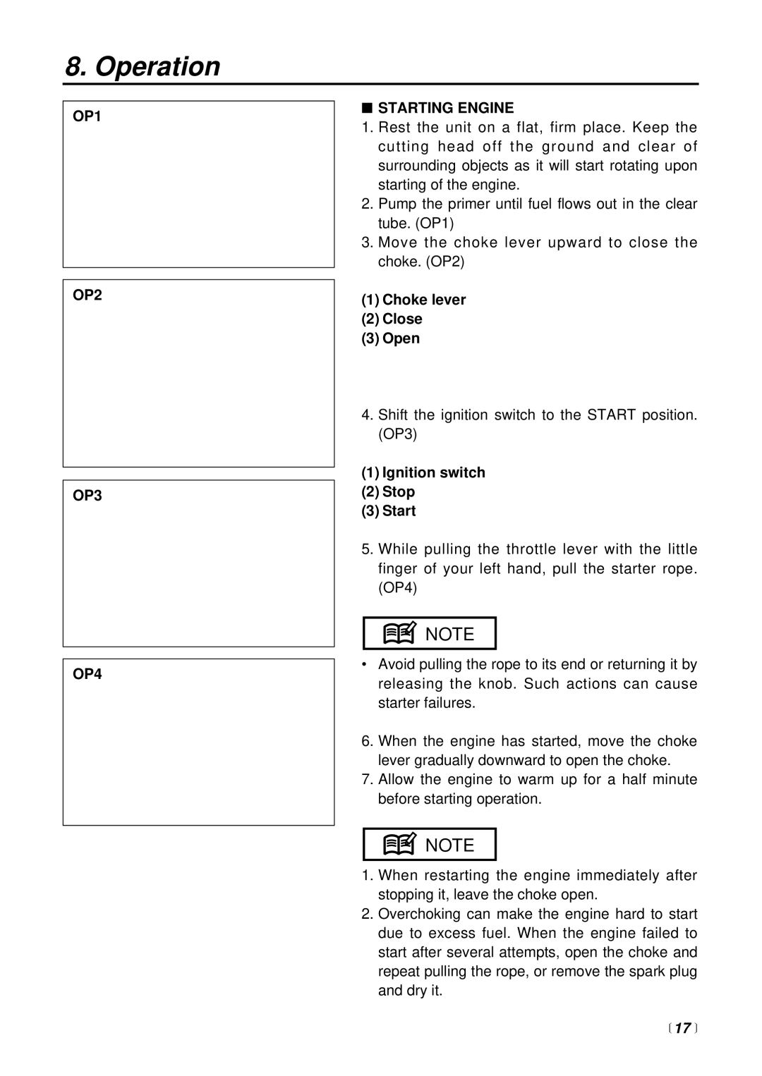 RedMax BT225 manual Operation, OP1 OP2 OP3 OP4 Starting Engine,  17  