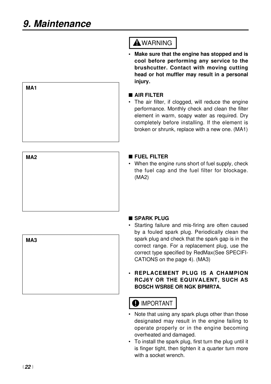 RedMax BT225 manual MA1 MA2 MA3,  22 , AIR Filter, Fuel Filter, Spark Plug 