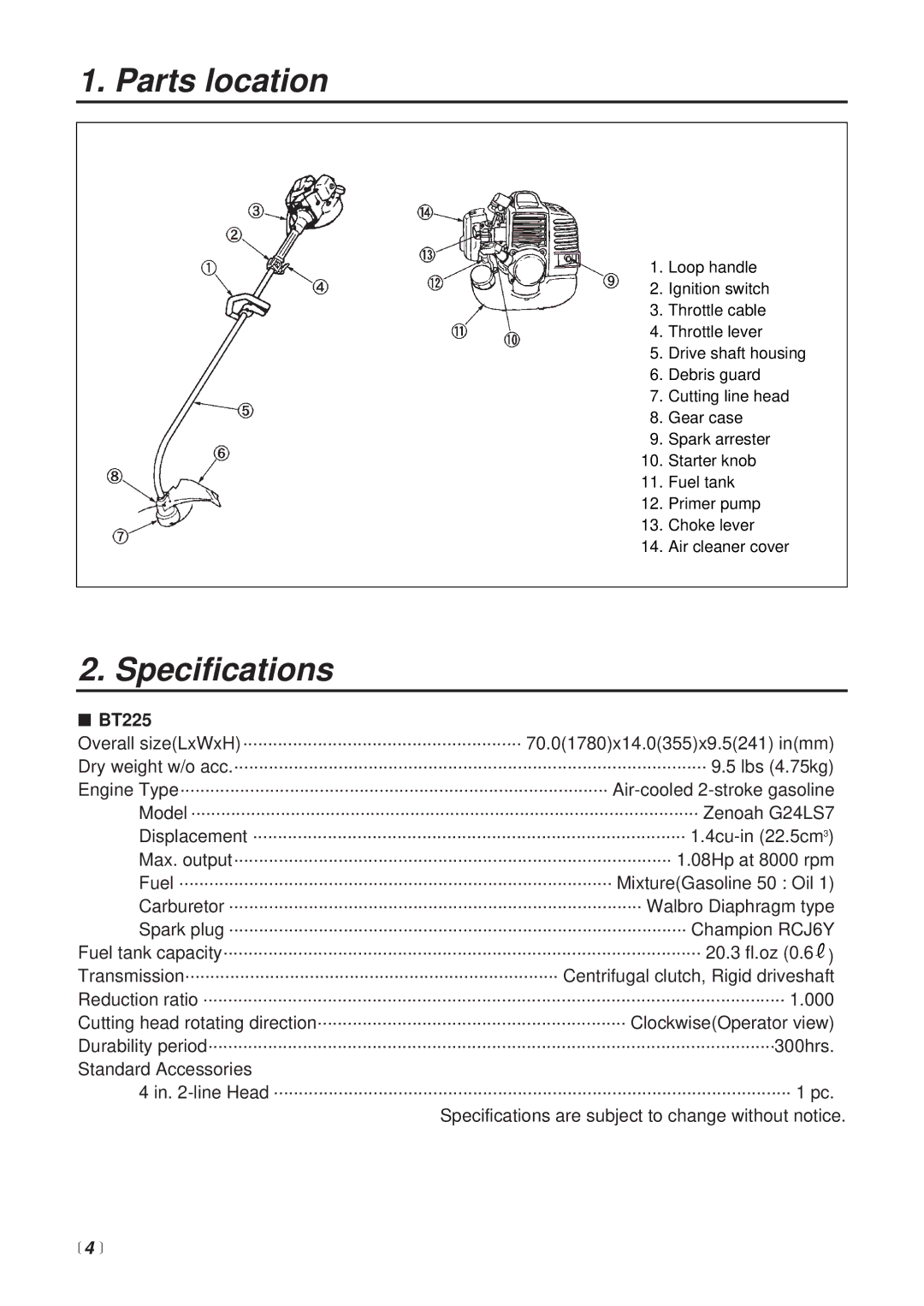 RedMax BT225 manual Parts location, Specifications,  4  