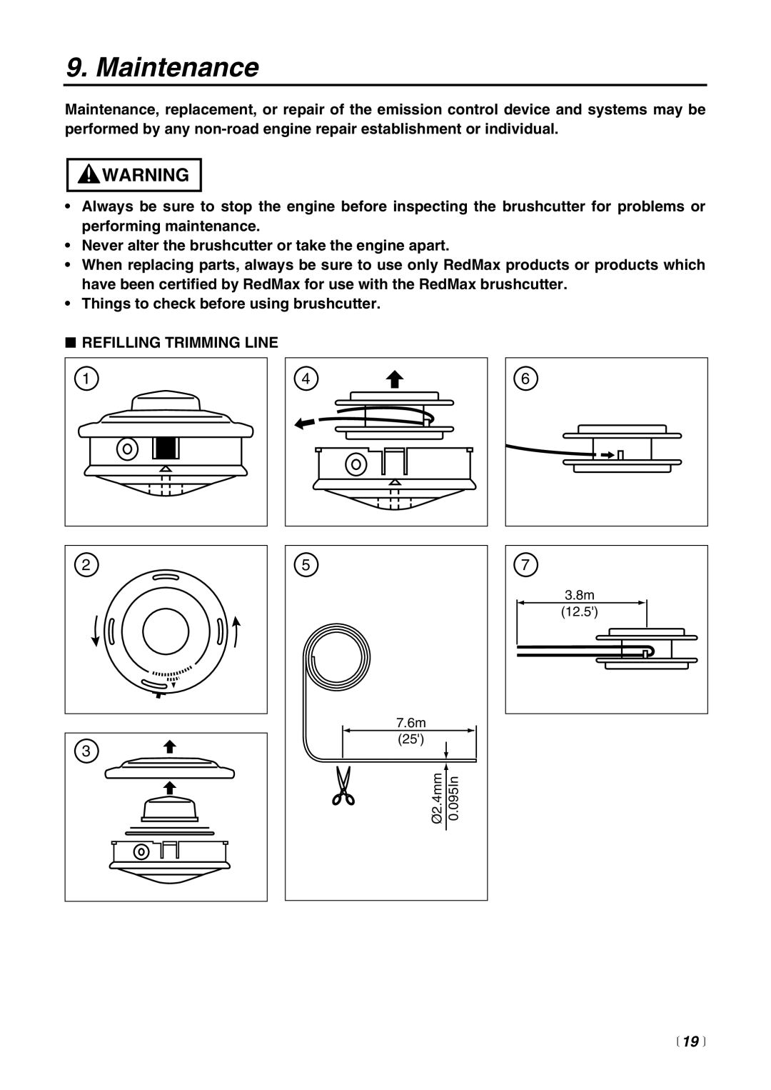 RedMax BT250 manual Maintenance, Refilling Trimming Line,  19  