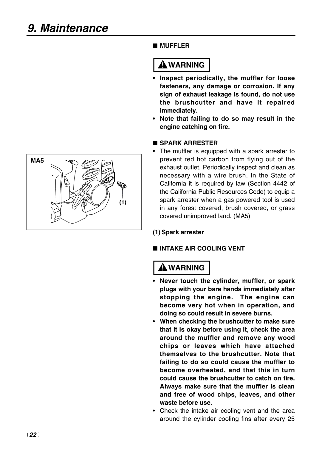 RedMax BT250 manual MA5,  22 , Muffler, Spark Arrester, Intake AIR Cooling Vent 