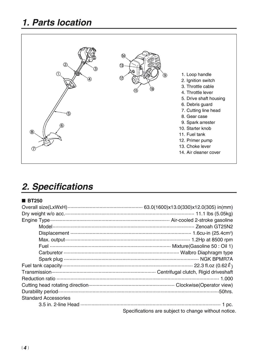 RedMax BT250 manual Parts location, Specifications,  4  