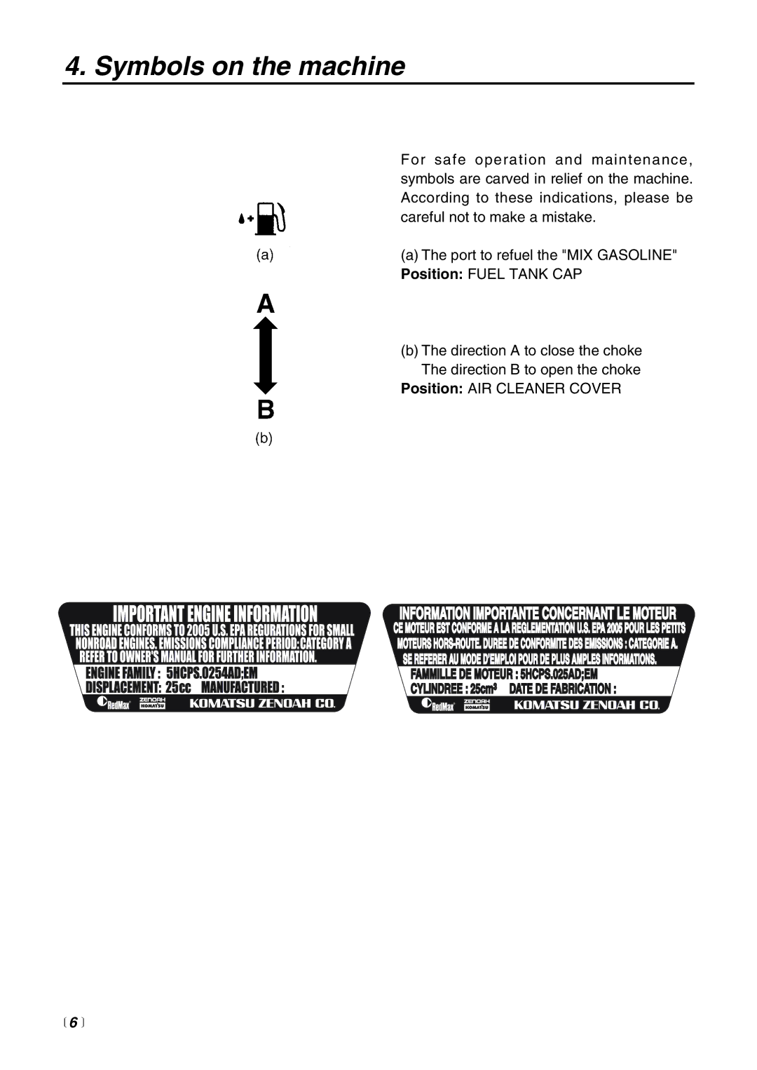 RedMax BT250 manual Symbols on the machine, Fammille DE Moteur 5HCPS.025ADEM,  6  