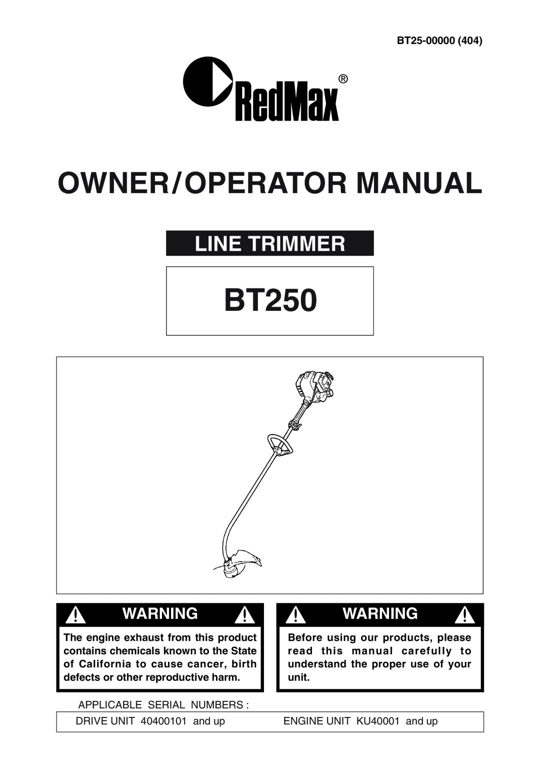 RedMax BT250 manual Line Trimmer, Owner/Operator Manual, Warningwarning 