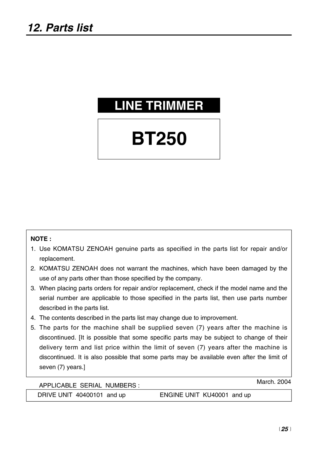 RedMax BT250 manual Parts list,  25 , Line Trimmer 