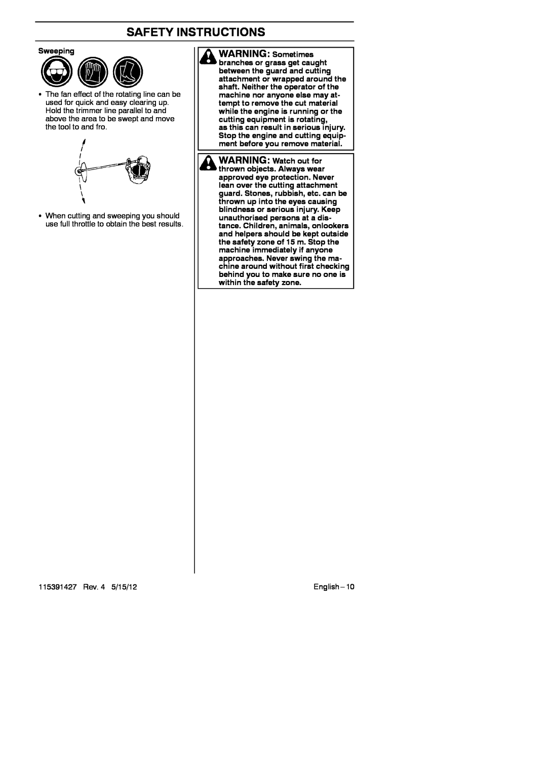 RedMax BT280 manual Safety Instructions, Sweeping, 115391427 Rev. 4 5/15/12, English---10 