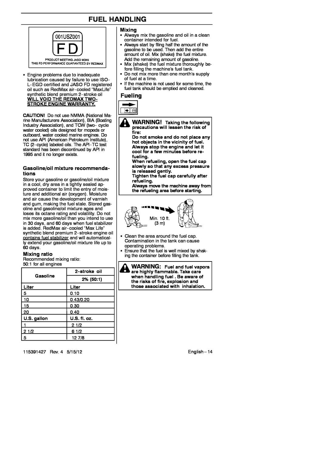 RedMax BT280 manual Fueling, Gasoline/oil mixture recommenda- tions, Mixing, Fuel Handling 