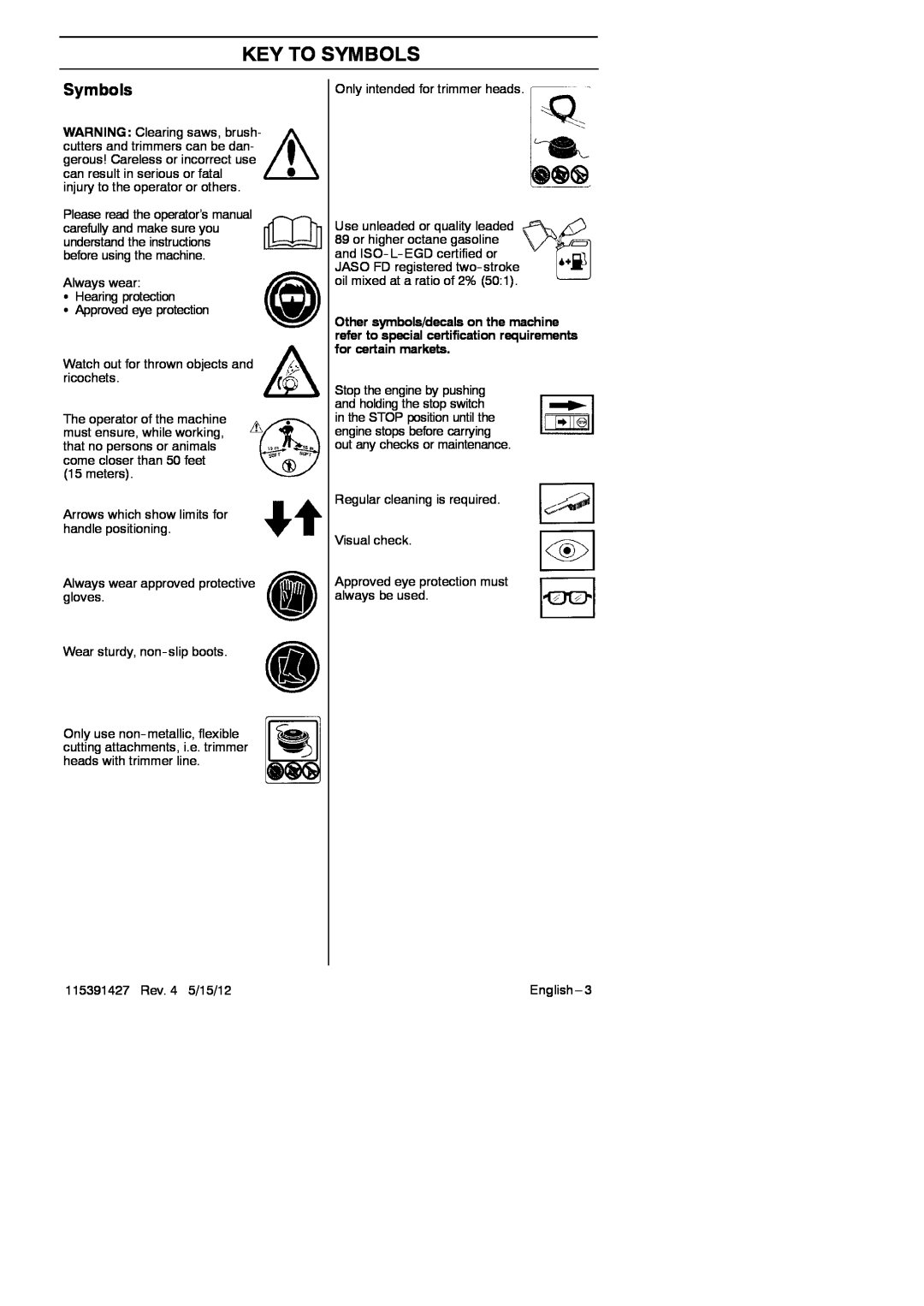 RedMax BT280 manual Key To Symbols 