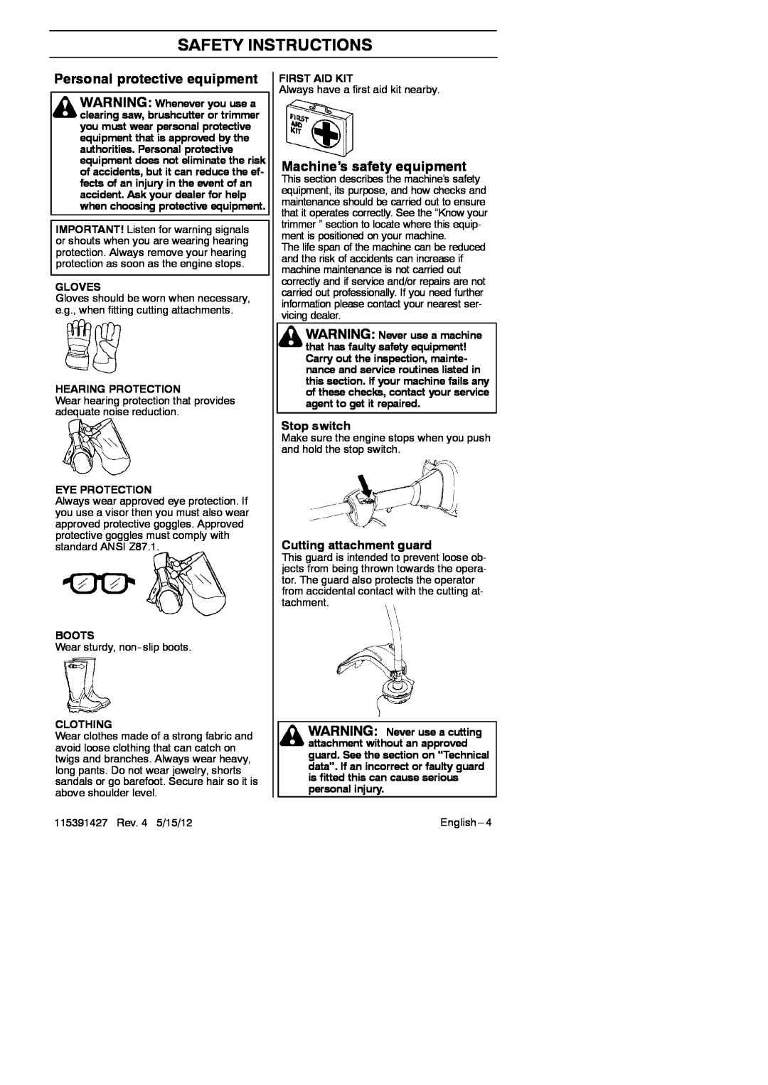 RedMax BT280 manual Safety Instructions, Personal protective equipment, Machine’s safety equipment, Stop switch 