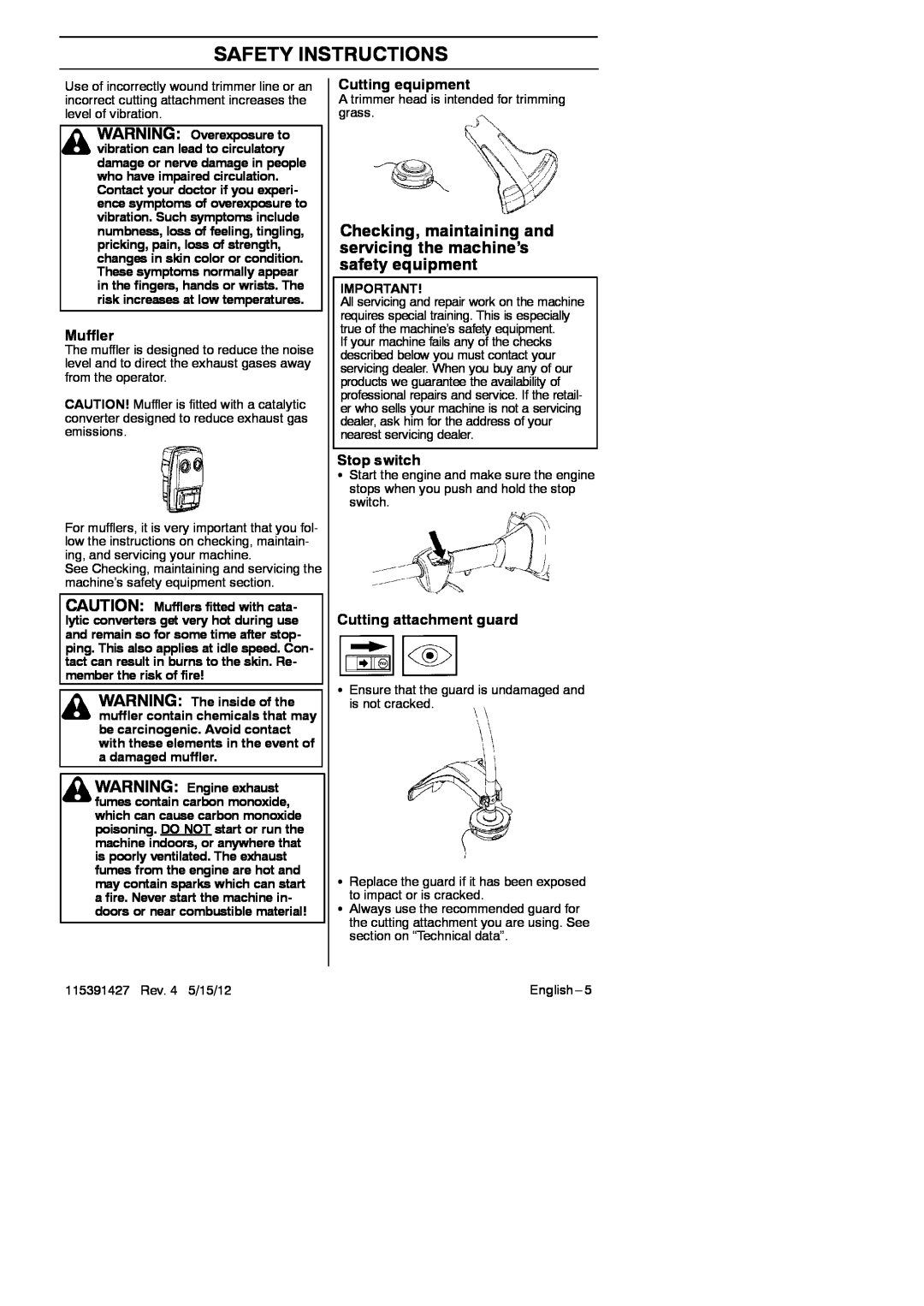 RedMax BT280 manual Muffler, Cutting equipment, Safety Instructions, Stop switch, Cutting attachment guard 