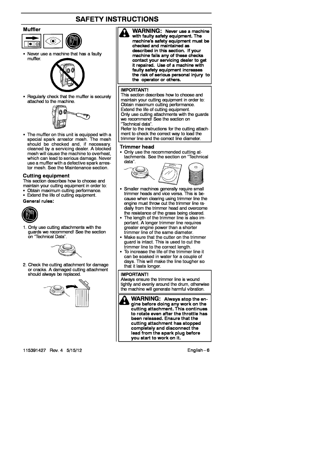 RedMax BT280 manual Trimmer head, Safety Instructions, Muffler, Cutting equipment, General rules 