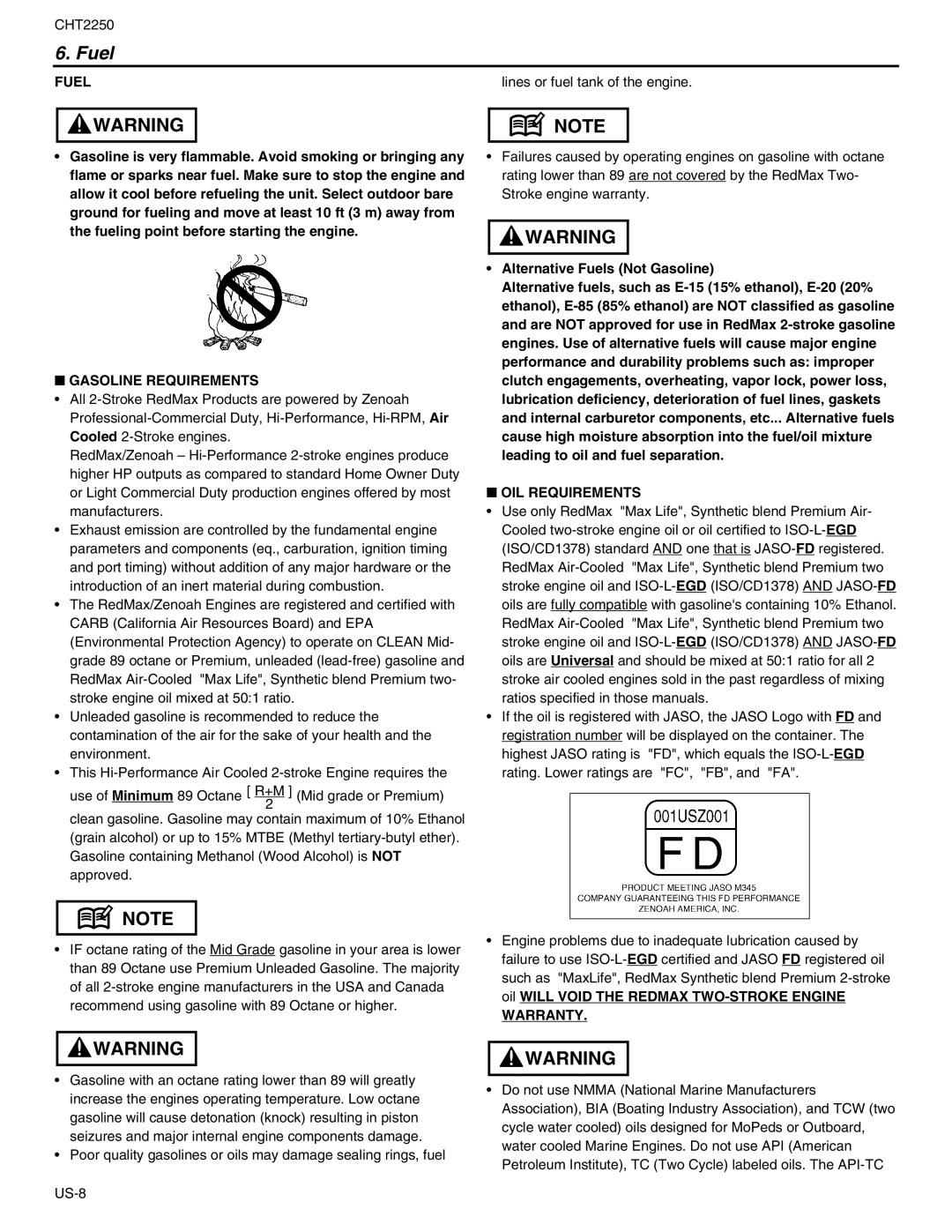 RedMax CHT2250 manual Fuel, Gasoline Requirements, OIL Requirements, Warranty 