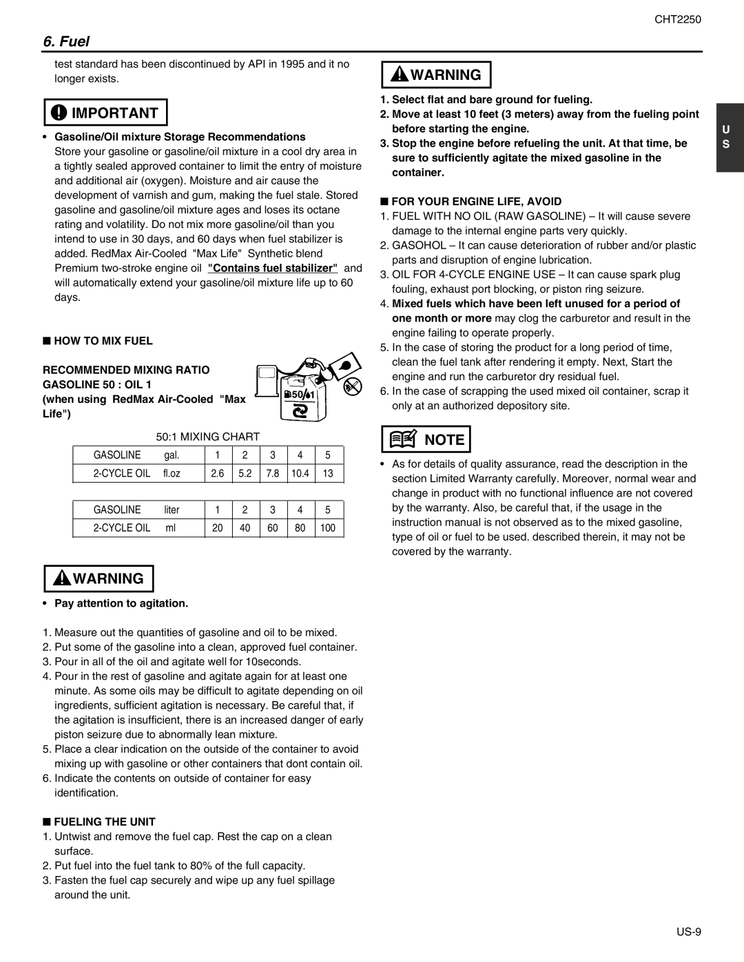 RedMax CHT2250 HOW to MIX Fuel Recommended Mixing Ratio Gasoline 50 OIL, For Your Engine LIFE, Avoid, Fueling the Unit 