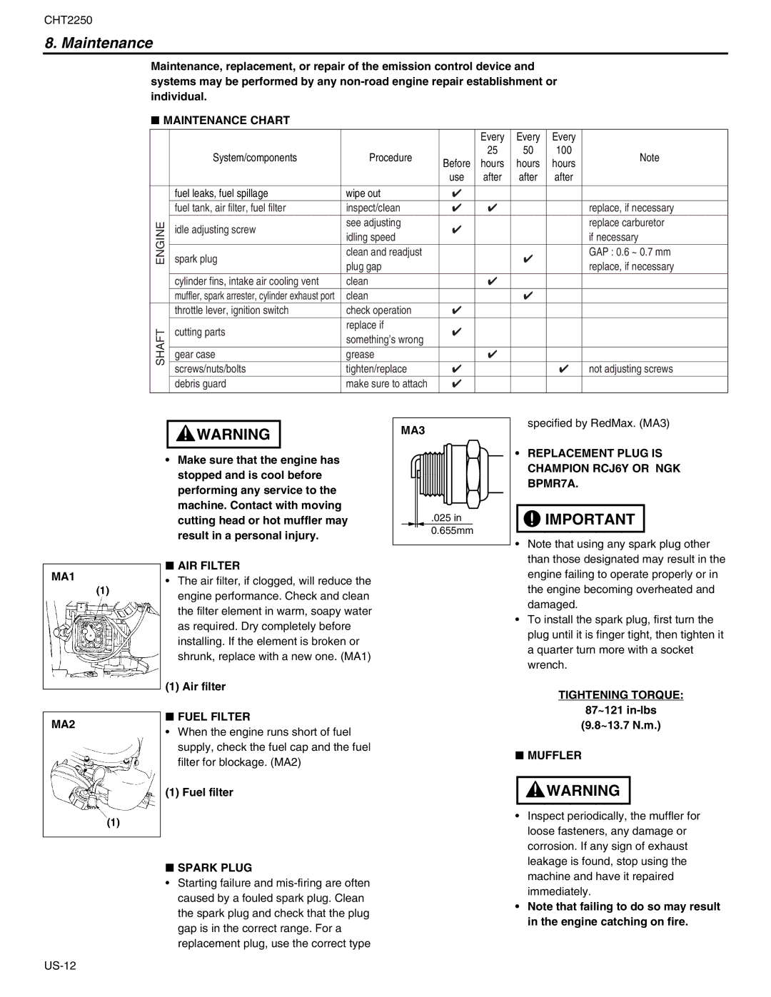 RedMax CHT2250 manual Maintenance 