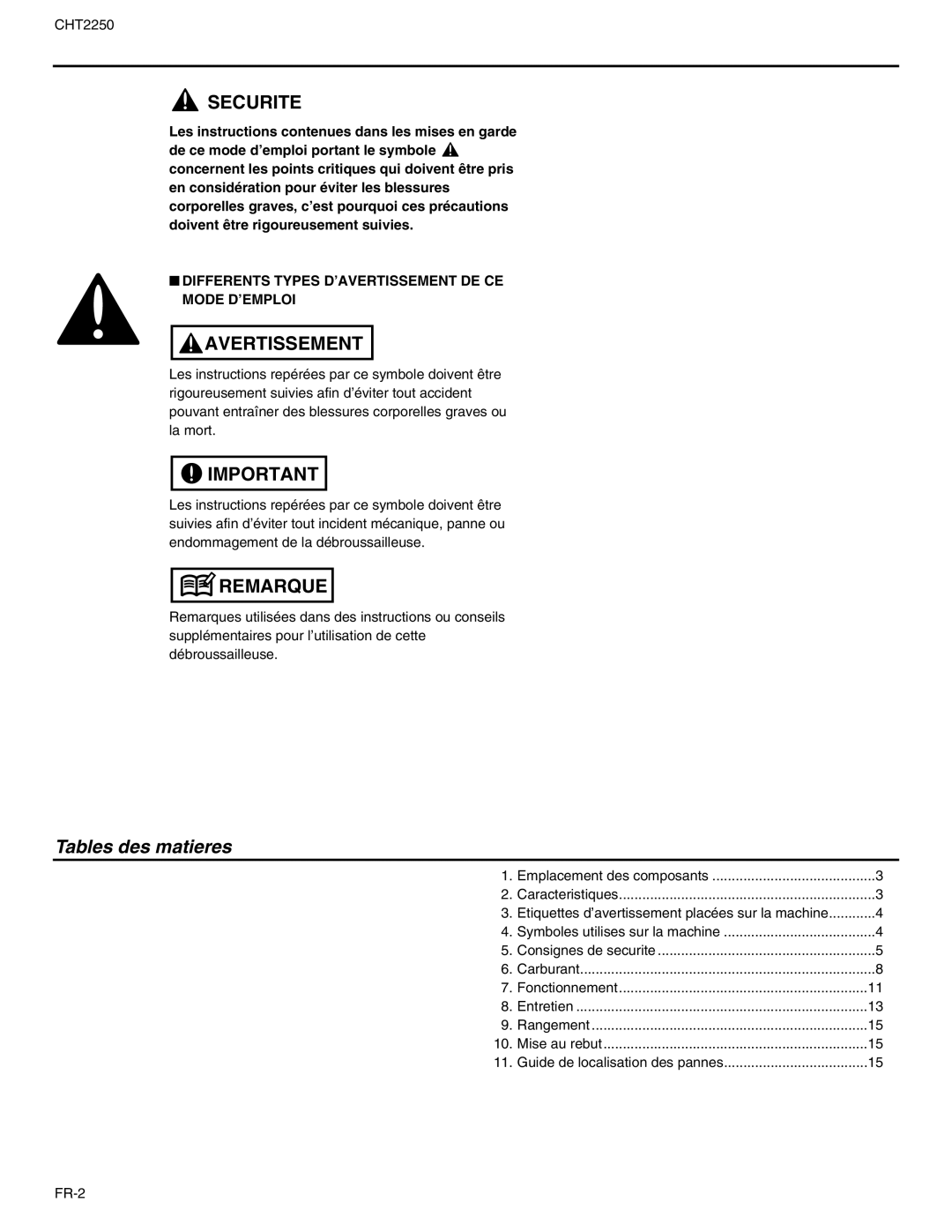 RedMax CHT2250 manual Tables des matieres, Differents Types D’AVERTISSEMENT DE CE Mode D’EMPLOI 