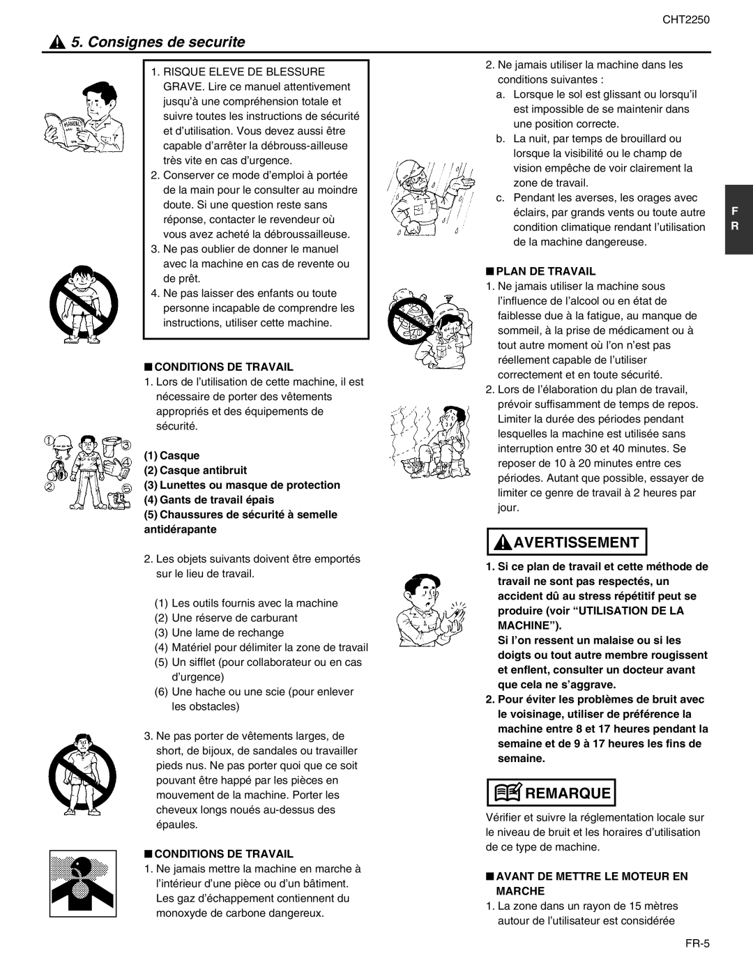 RedMax CHT2250 manual Consignes de securite, Conditions DE Travail, Plan DE Travail, Avant DE Mettre LE Moteur EN Marche 