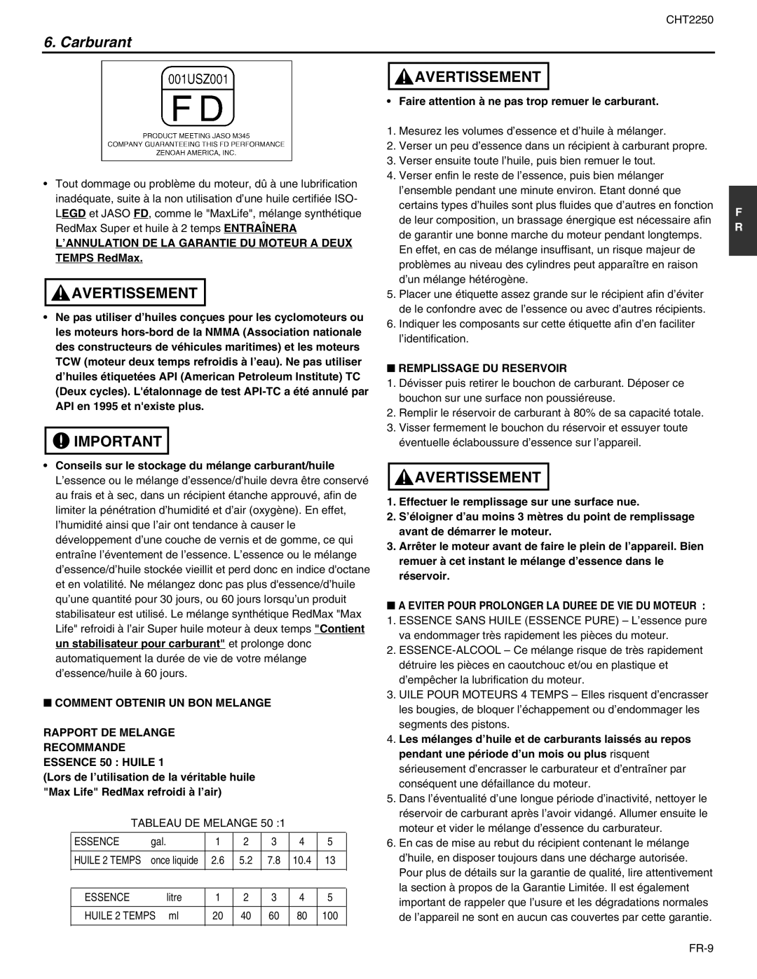 RedMax CHT2250 manual ’ANNULATION DE LA Garantie DU Moteur a Deux, Remplissage DU Reservoir 