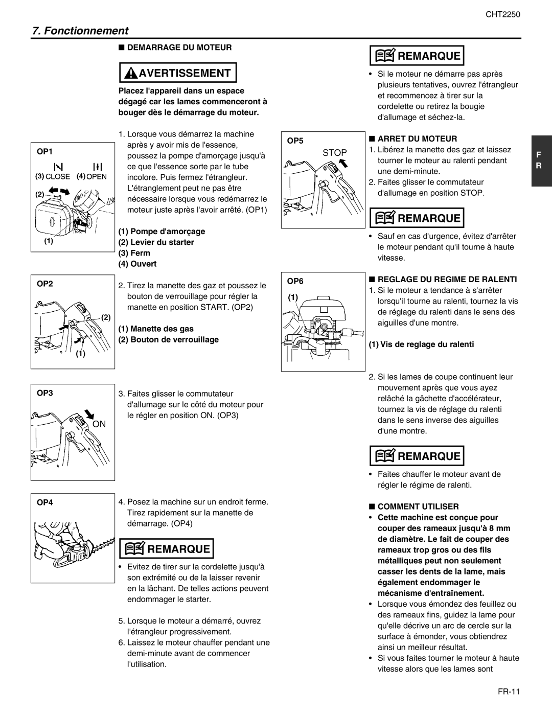 RedMax CHT2250 manual Fonctionnement 