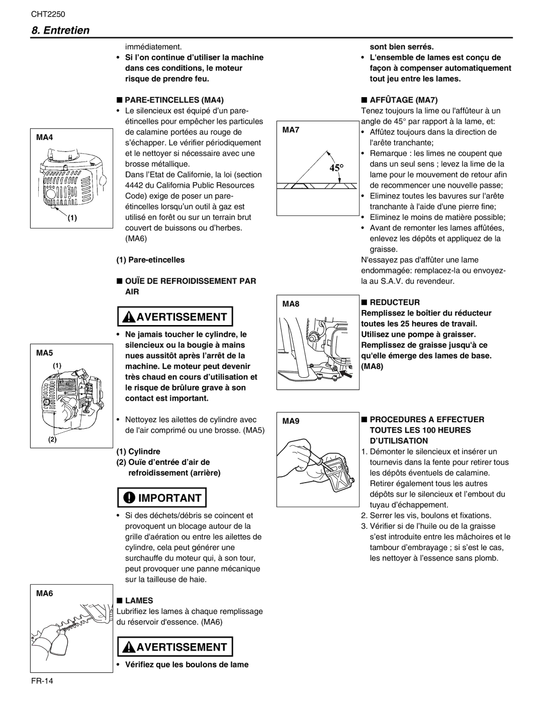 RedMax CHT2250 manual PARE-ETINCELLES MA4, Ouïe DE Refroidissement PAR AIR, Affûtage MA7, Reducteur, Lames 