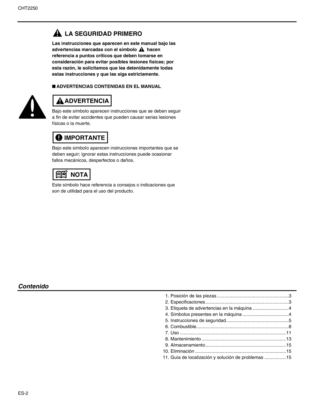 RedMax CHT2250 manual Contenido, Advertencias Contenidas EN EL Manual 