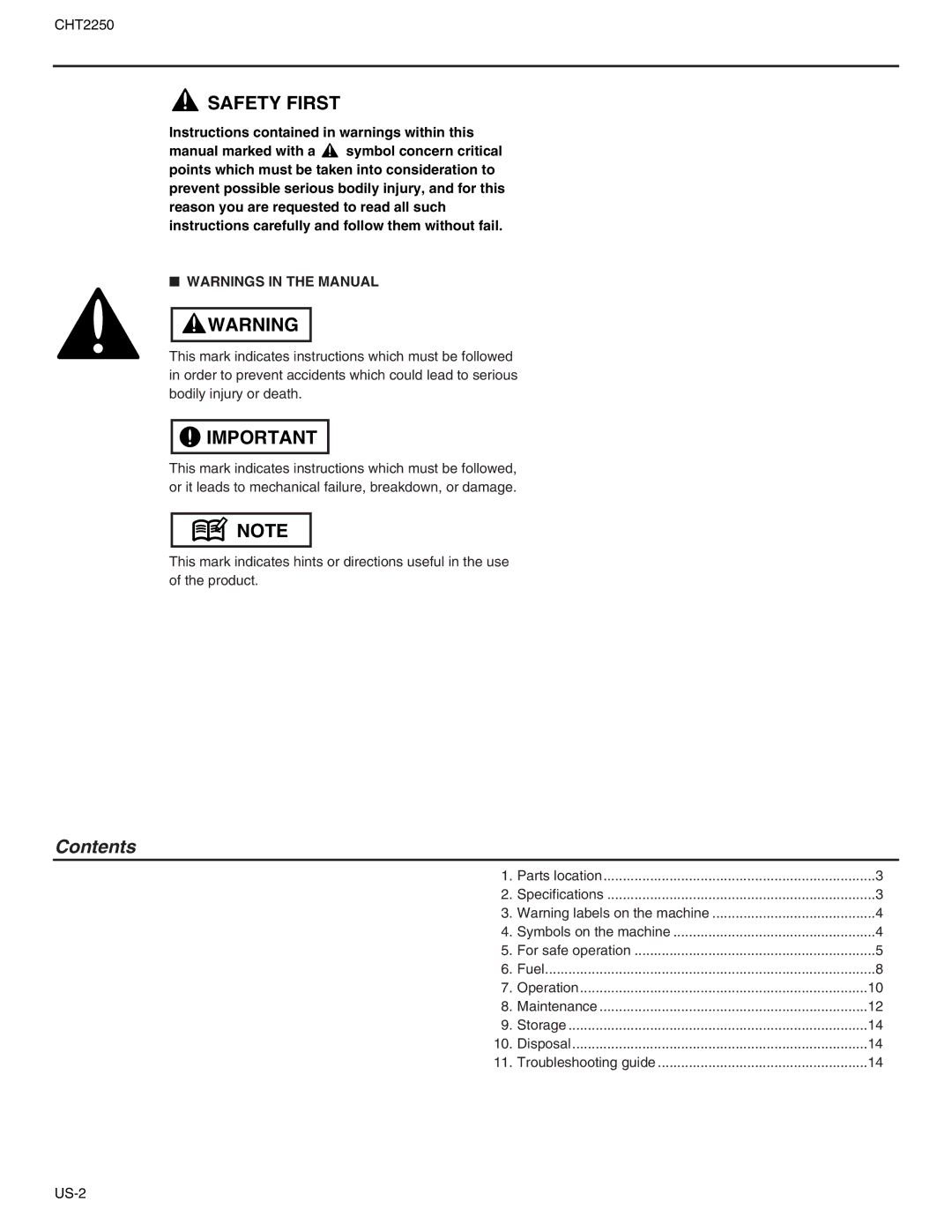 RedMax CHT2250 manual Contents 