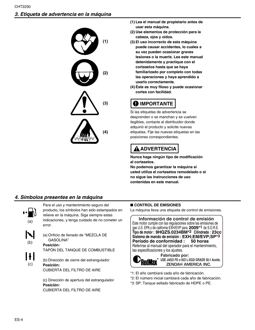 RedMax CHT2250 Etiqueta de advertencia en la máquina, Símbolos presentes en la máquina, Posición, Control DE Emisiones 