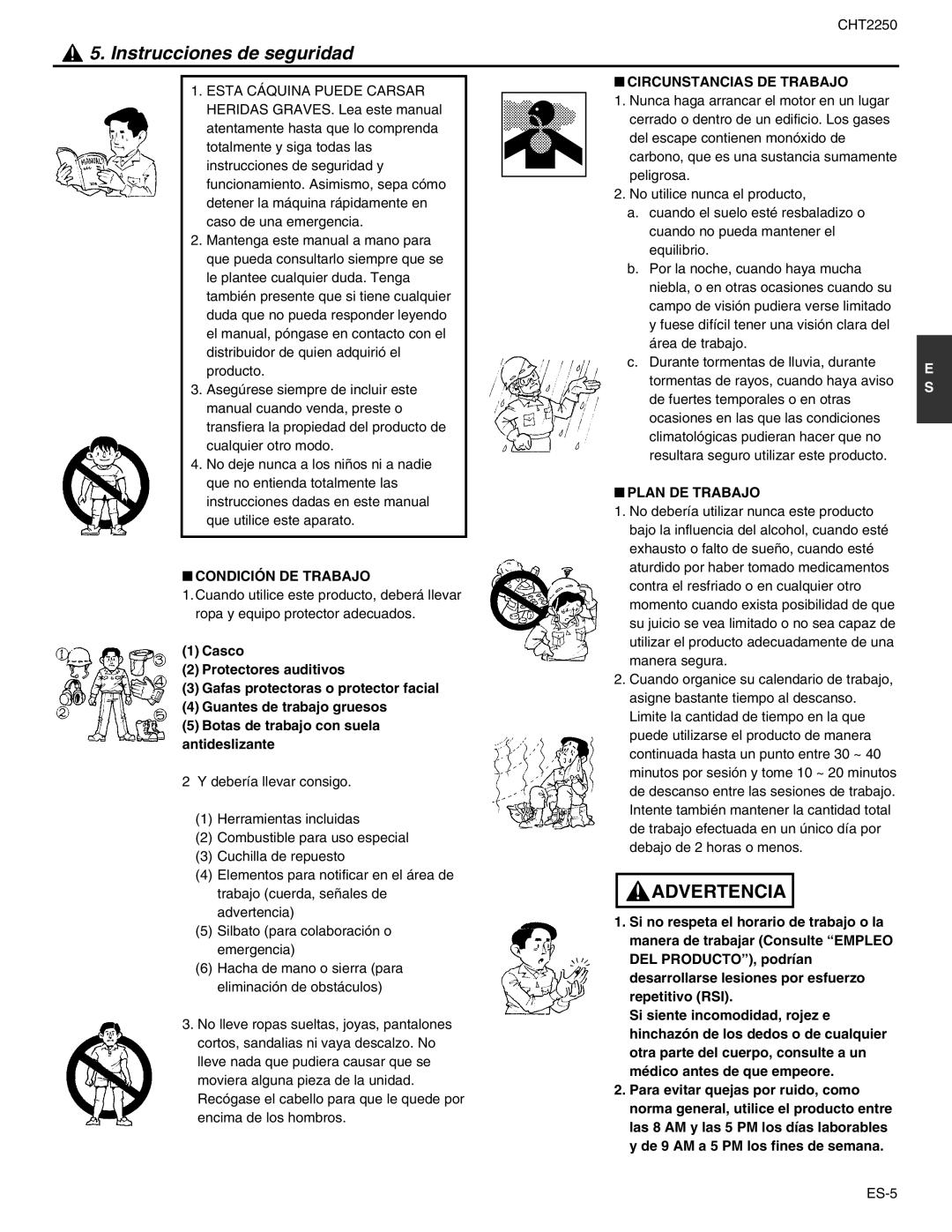 RedMax CHT2250 manual Instrucciones de seguridad, Condición DE Trabajo, Circunstancias DE Trabajo, Plan DE Trabajo 