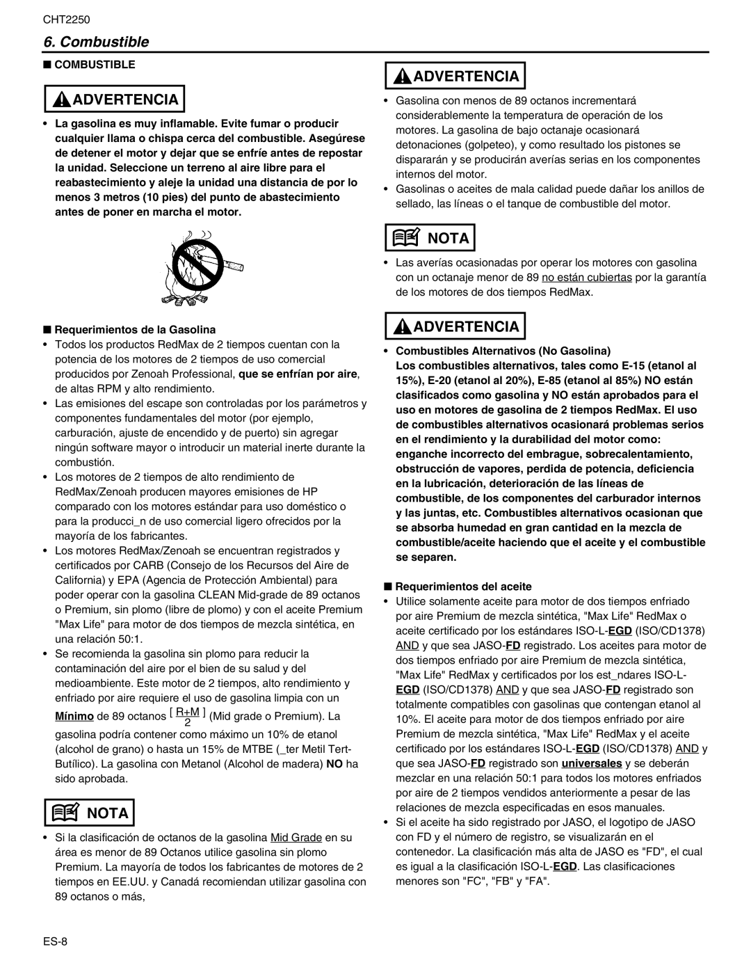 RedMax CHT2250 manual Combustible, Requerimientos de la Gasolina 