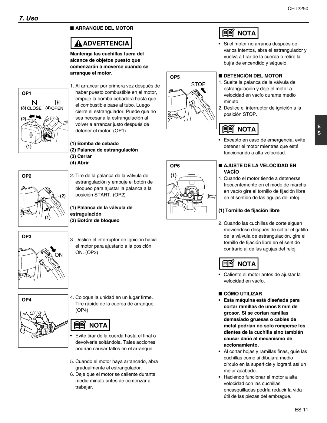 RedMax CHT2250 manual Uso, OP1 Arranque DEL Motor, Detención DEL Motor, OP6 Ajuste DE LA Velocidad EN Vacío, Cómo Utilizar 