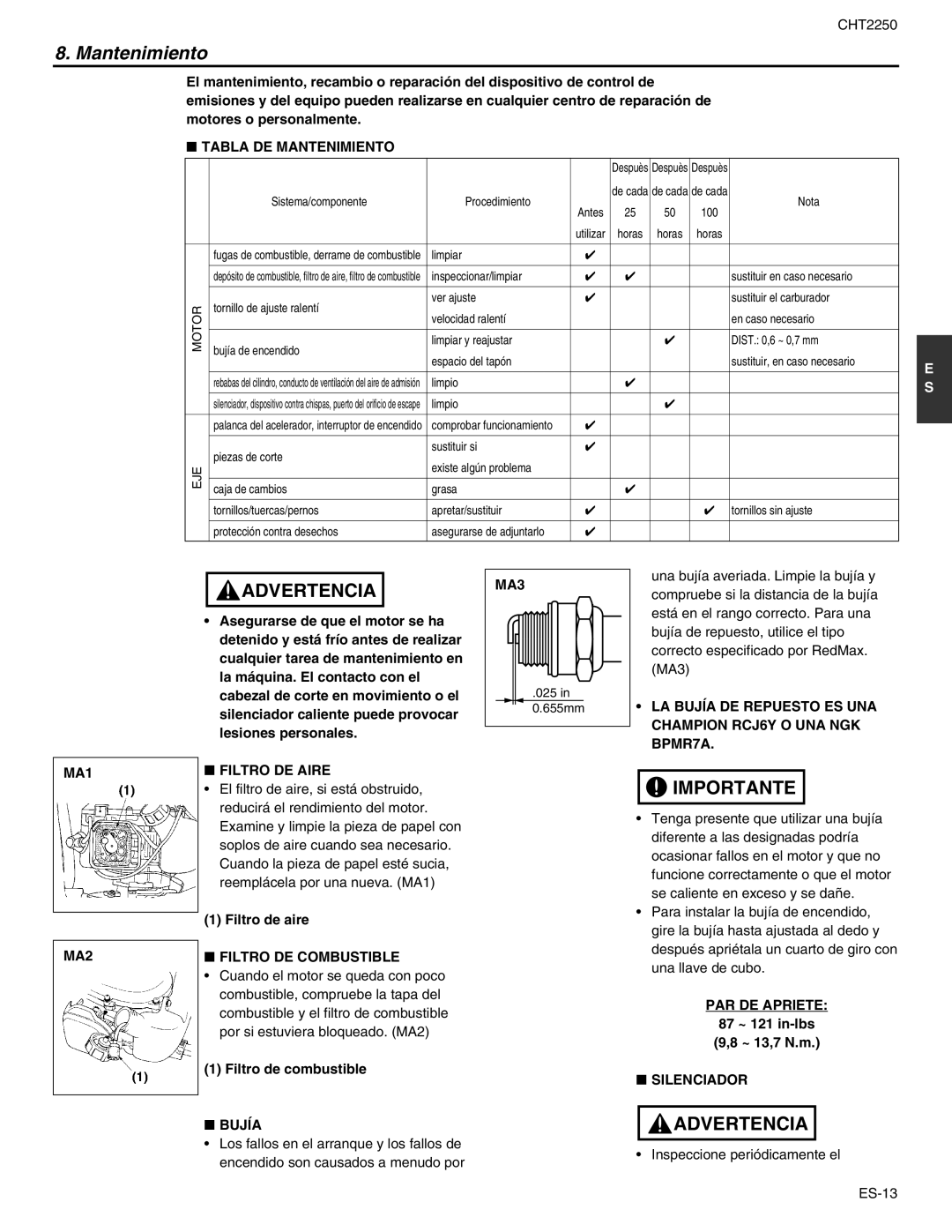 RedMax CHT2250 manual Mantenimiento 