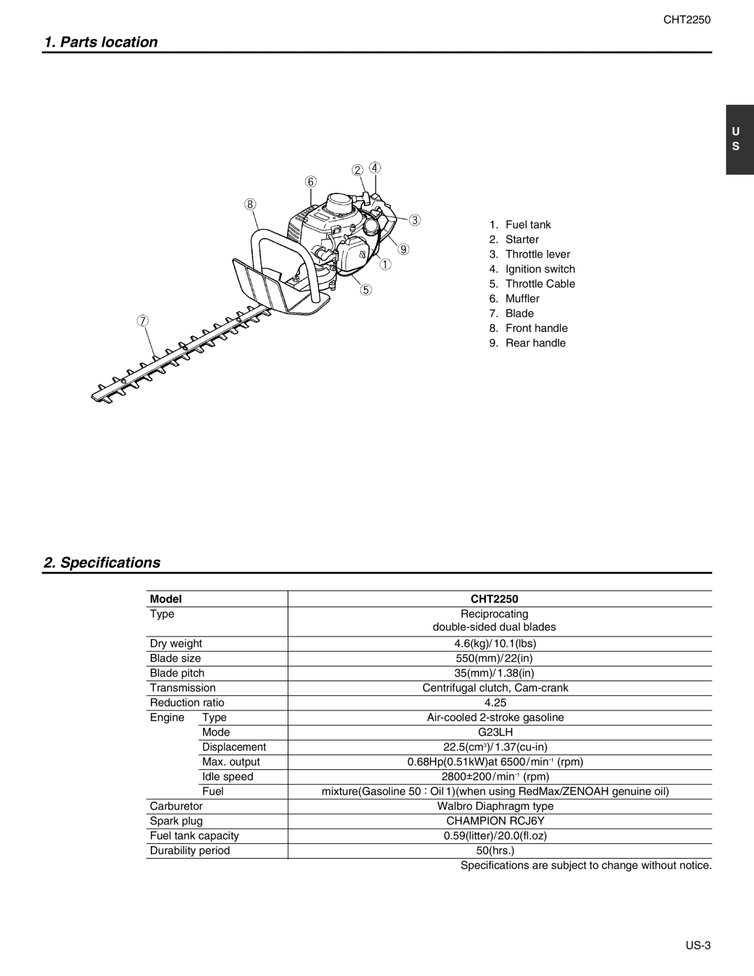 RedMax manual Parts location, Specifications, Model CHT2250 